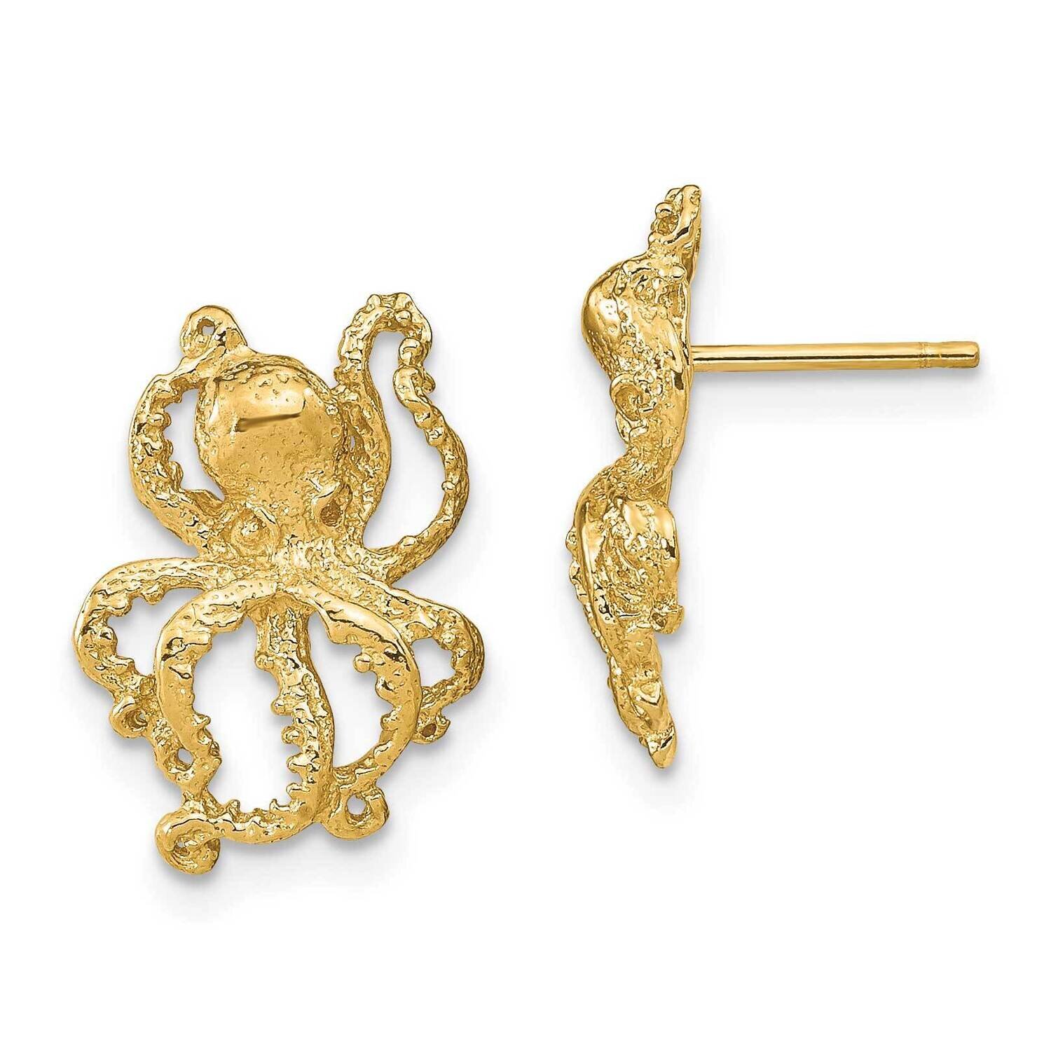 Polished Octopus Post Earrings 14k Gold 2-D TE769, MPN: TE769, 637218013661
