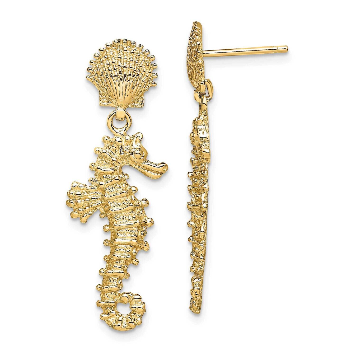 Seahorse Dangling From Shell Earrings 14k Gold TE797