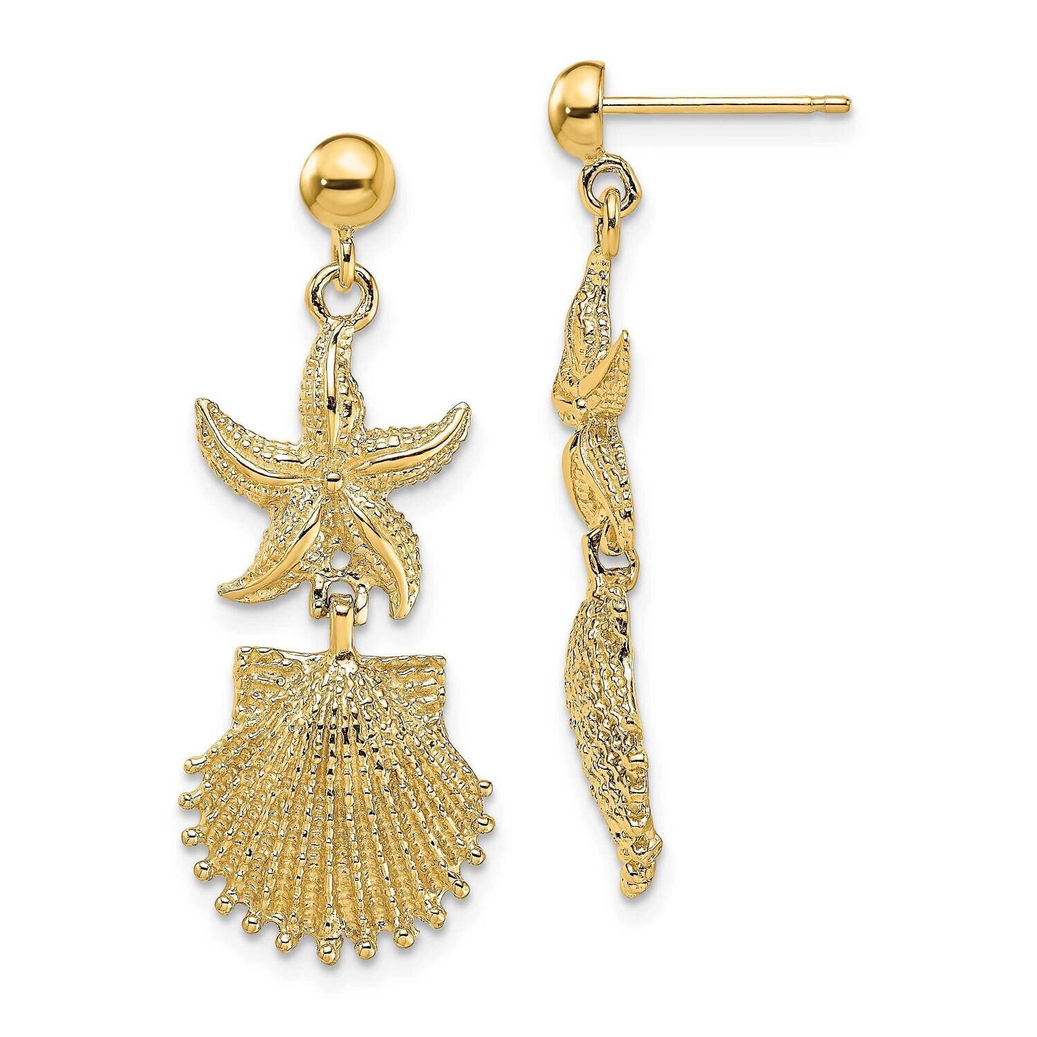 Starfish Scallop Shell Dangle Earrings 14k Gold TE806, MPN: TE806, 637218048014
