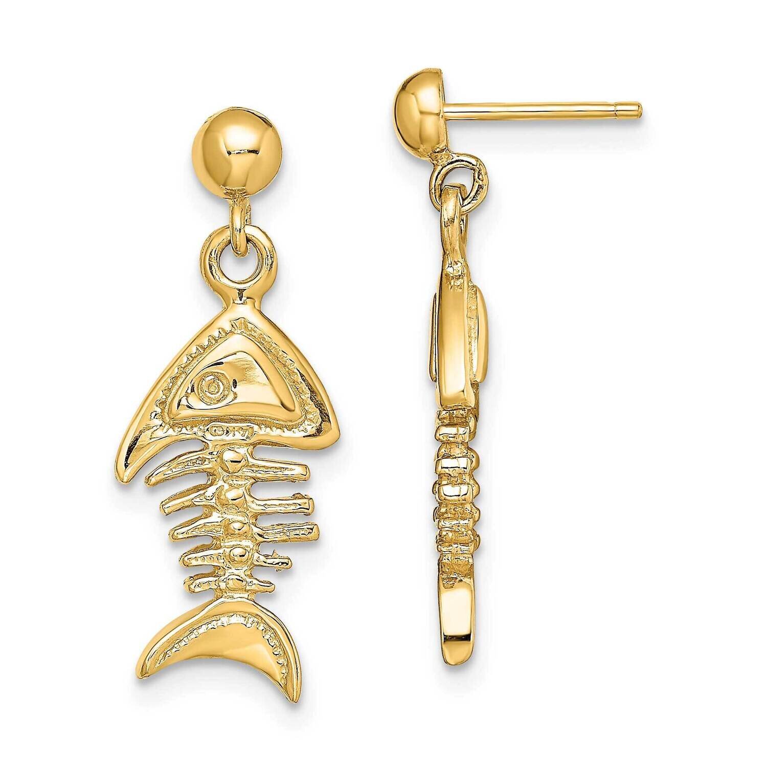 Fishbone Dangle Earrings 14k Gold 3-D TE856