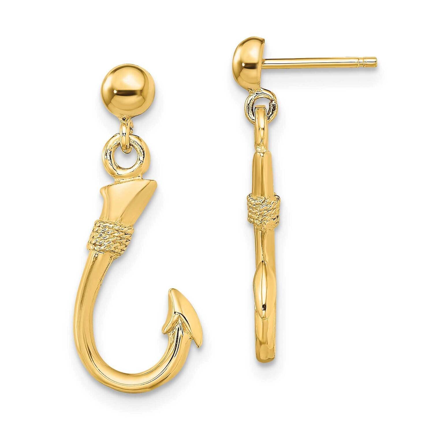 Fish Hook Dangle Earrings 14k Gold 3-D TE858