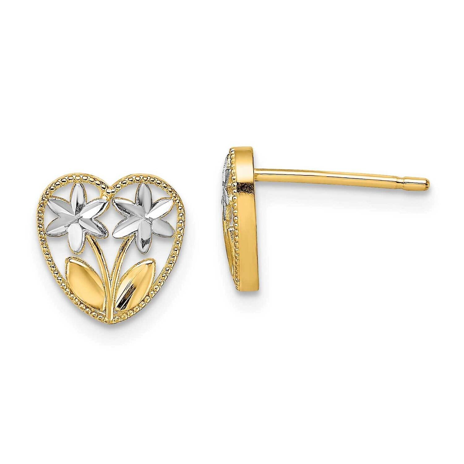 Flower Heart Post Earrings 14k Gold Rhodium Diamond-cut TE892