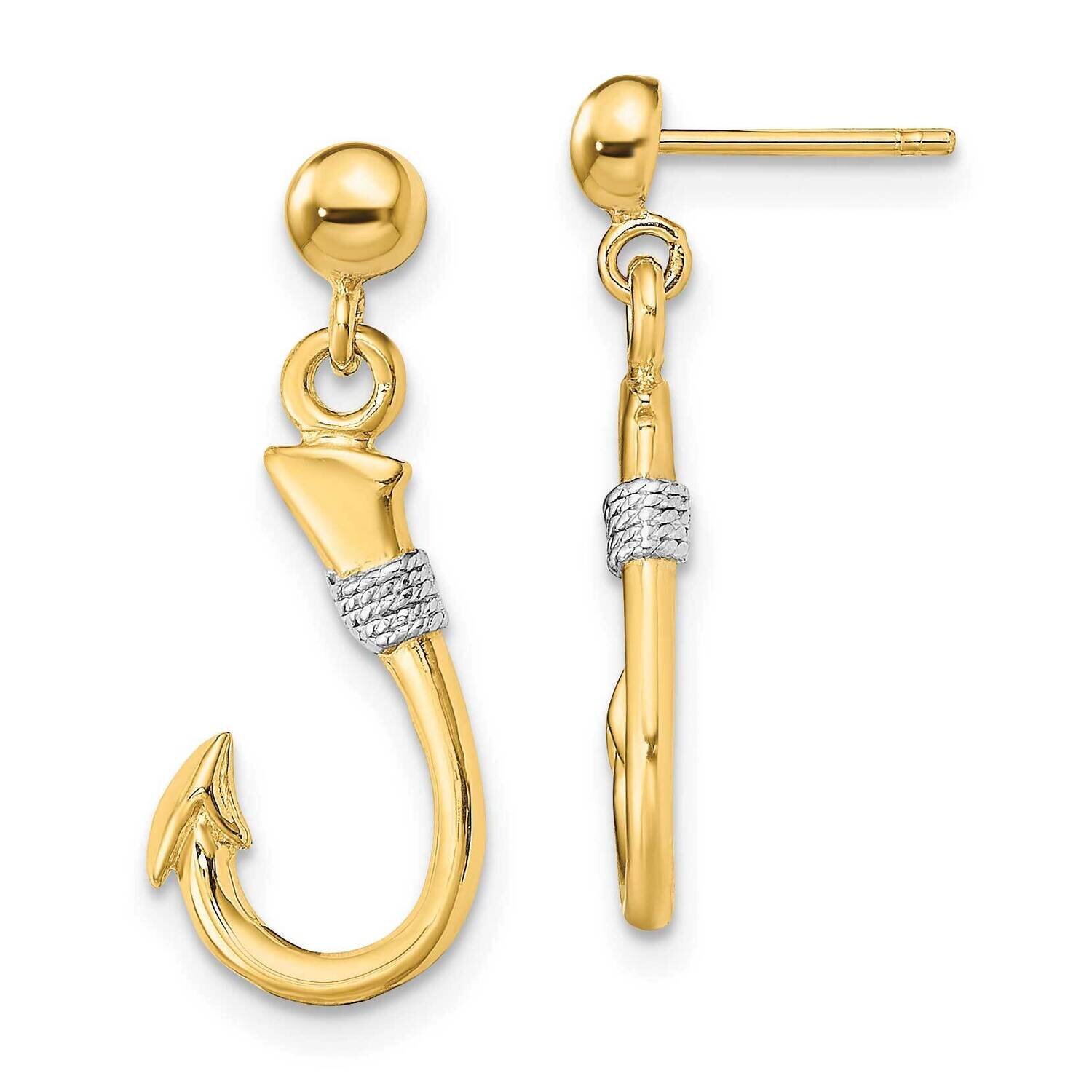 Fish Hook with Rope Dangle Earrings 14k Gold 3-D TE896