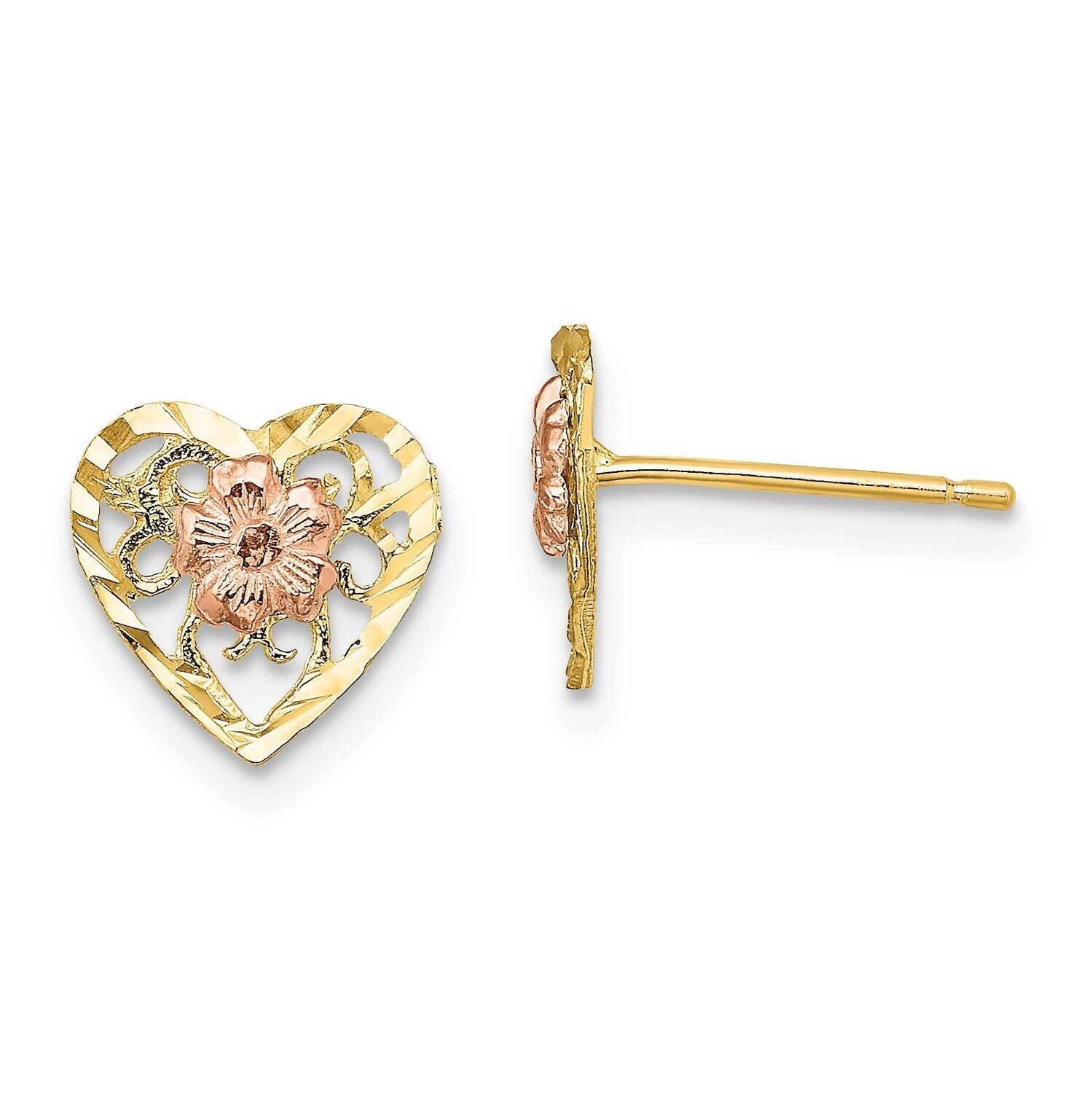 Heart Flower Earrings 14k Two-tone Gold Diamond-cut TE901, MPN: TE901, 637218052417
