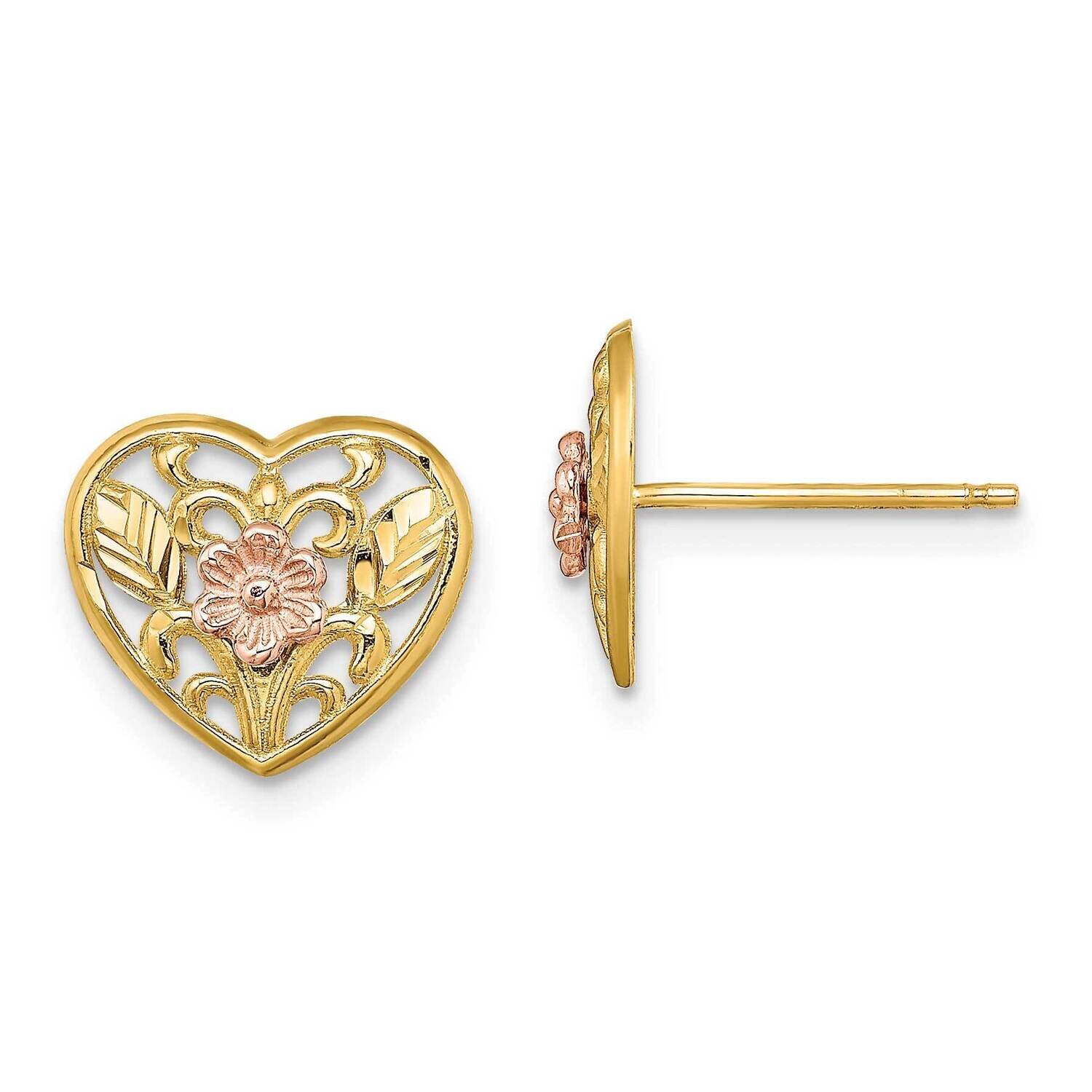 Polished Floral In Heart Post Earrings 14k Two-tone Gold TE907