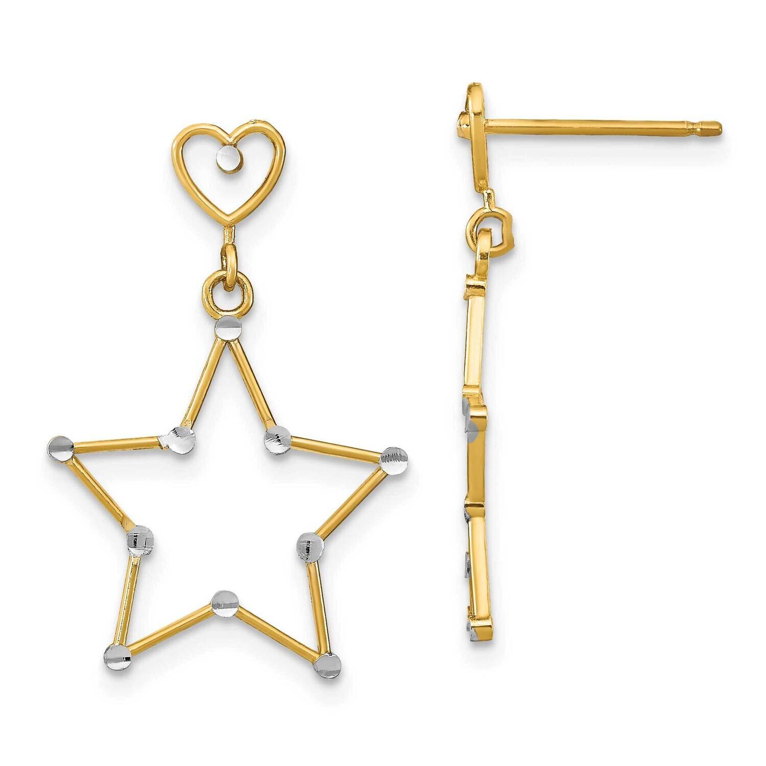Heart Star Post Dangle Earrings 14k Gold Diamond-cut Rhodium TE913