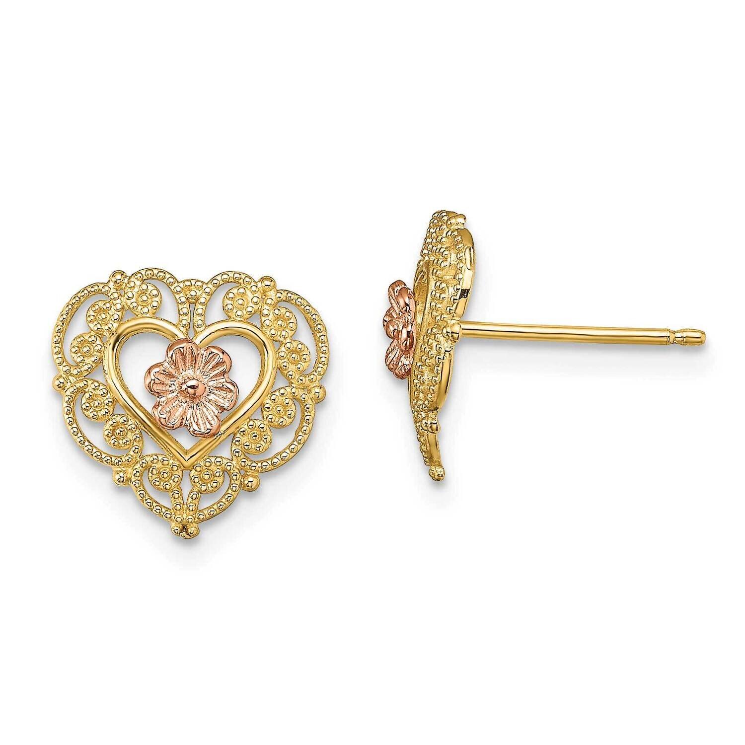 Lace Trim Flower Heart Post Earrings 14k Two-tone Gold TE914
