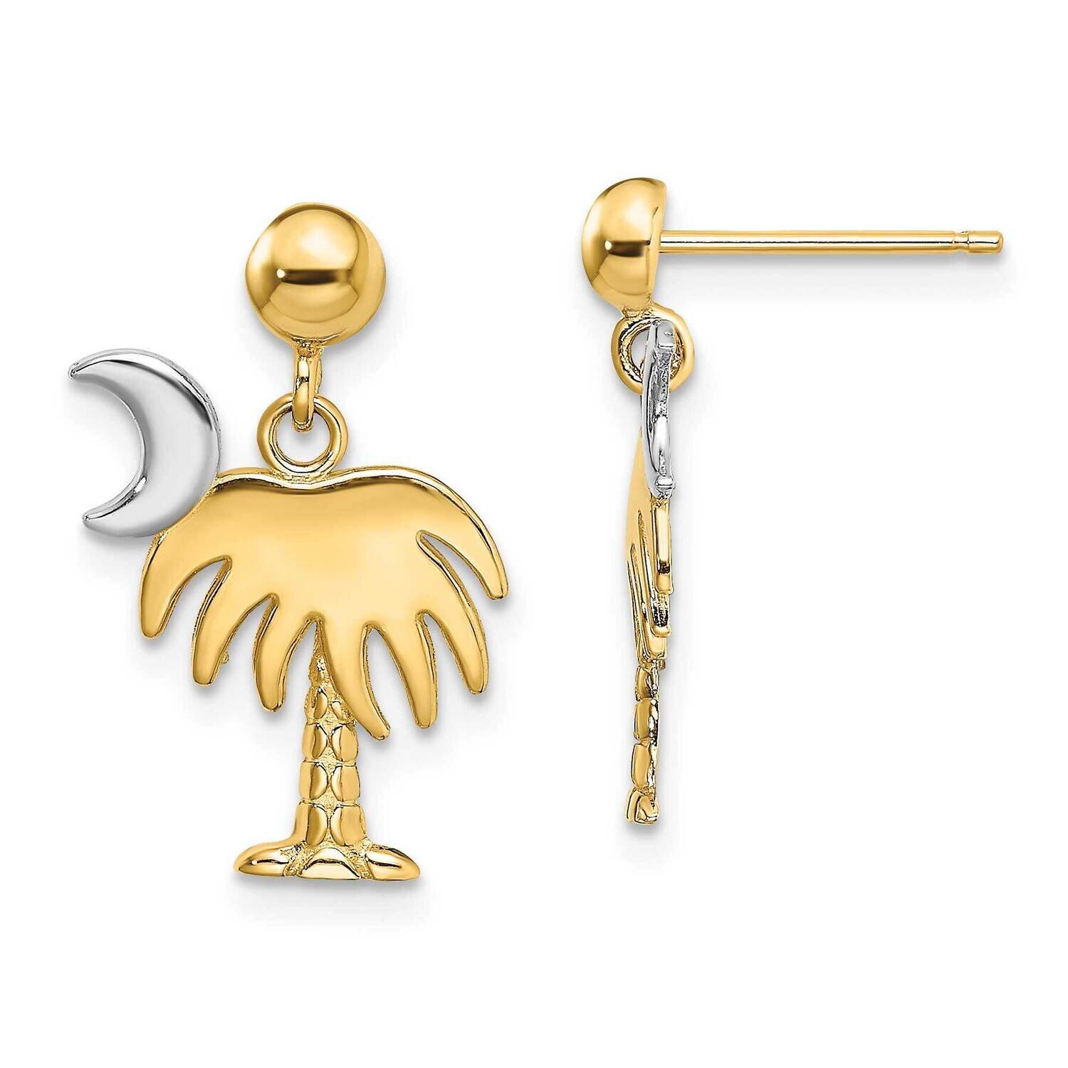 Charleston Palm Tree with Moon Dangle Earrings 14k Gold Rhodium TE921