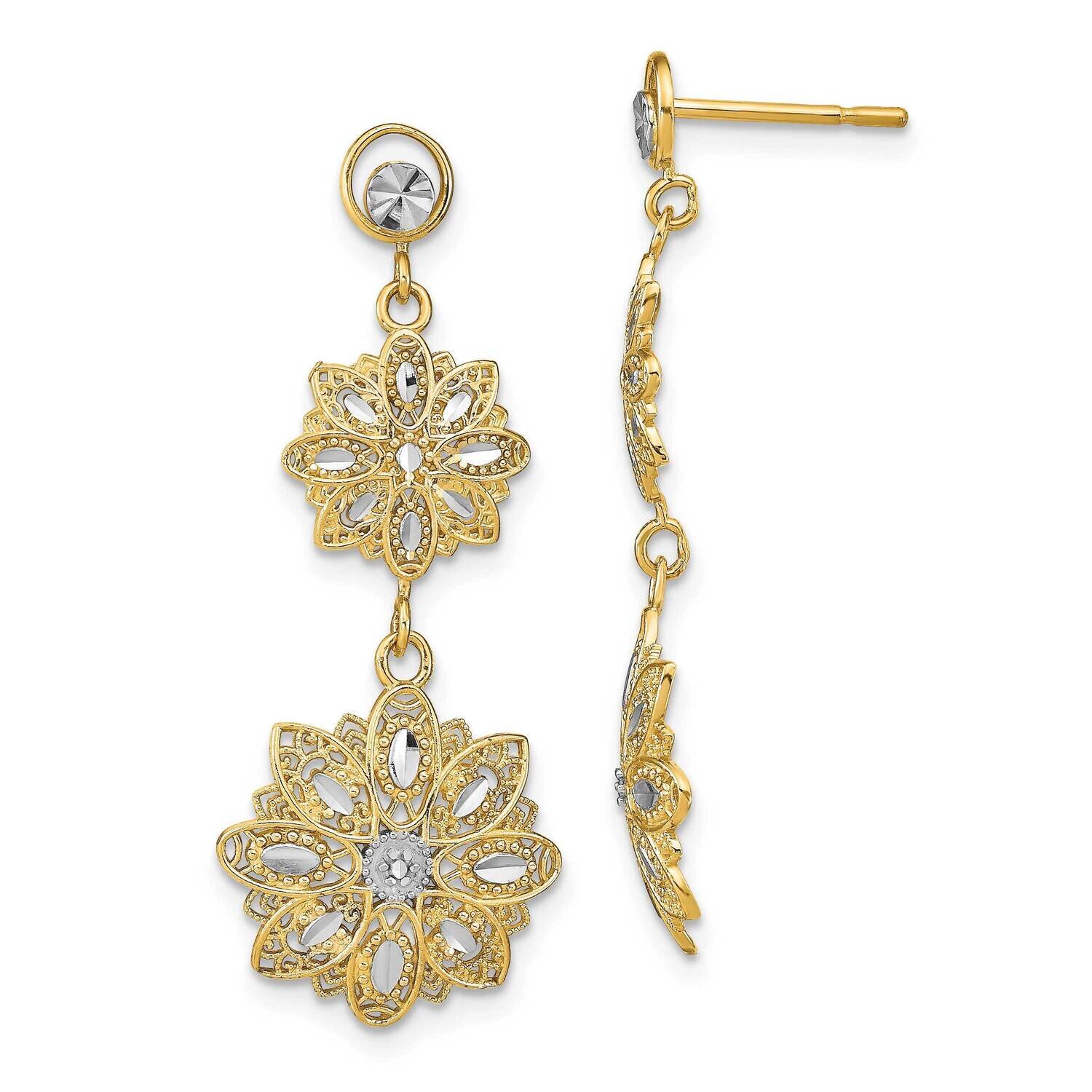 with Filigree Flowers Post Dangle Earrings 14k Gold Rhodium Diamond-cut TE923