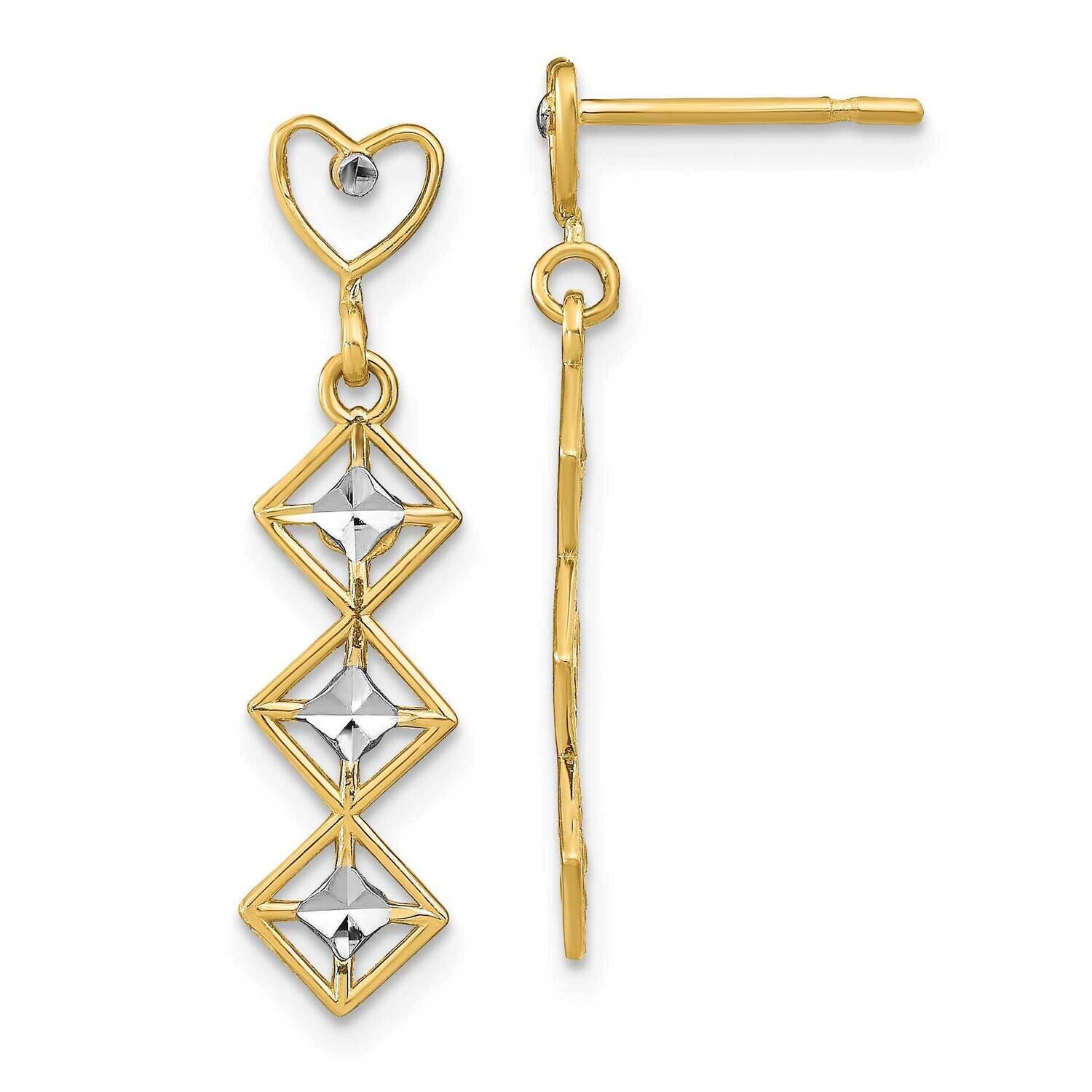 Heart Diamond Shape Post Dangle Earrings 14k Gold Rhodium Diamond-cut TE926, MPN: TE926, 6372181108…