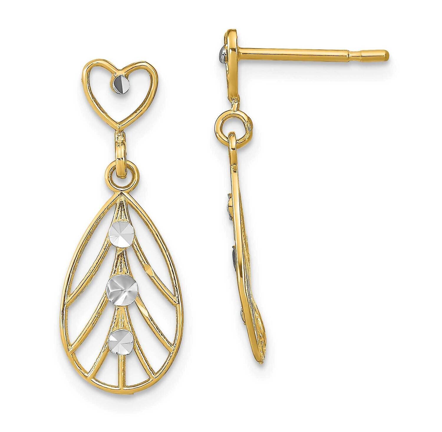 Accent Heart Dangle Earrings 14k Gold Rhodium Diamond-cut TE927