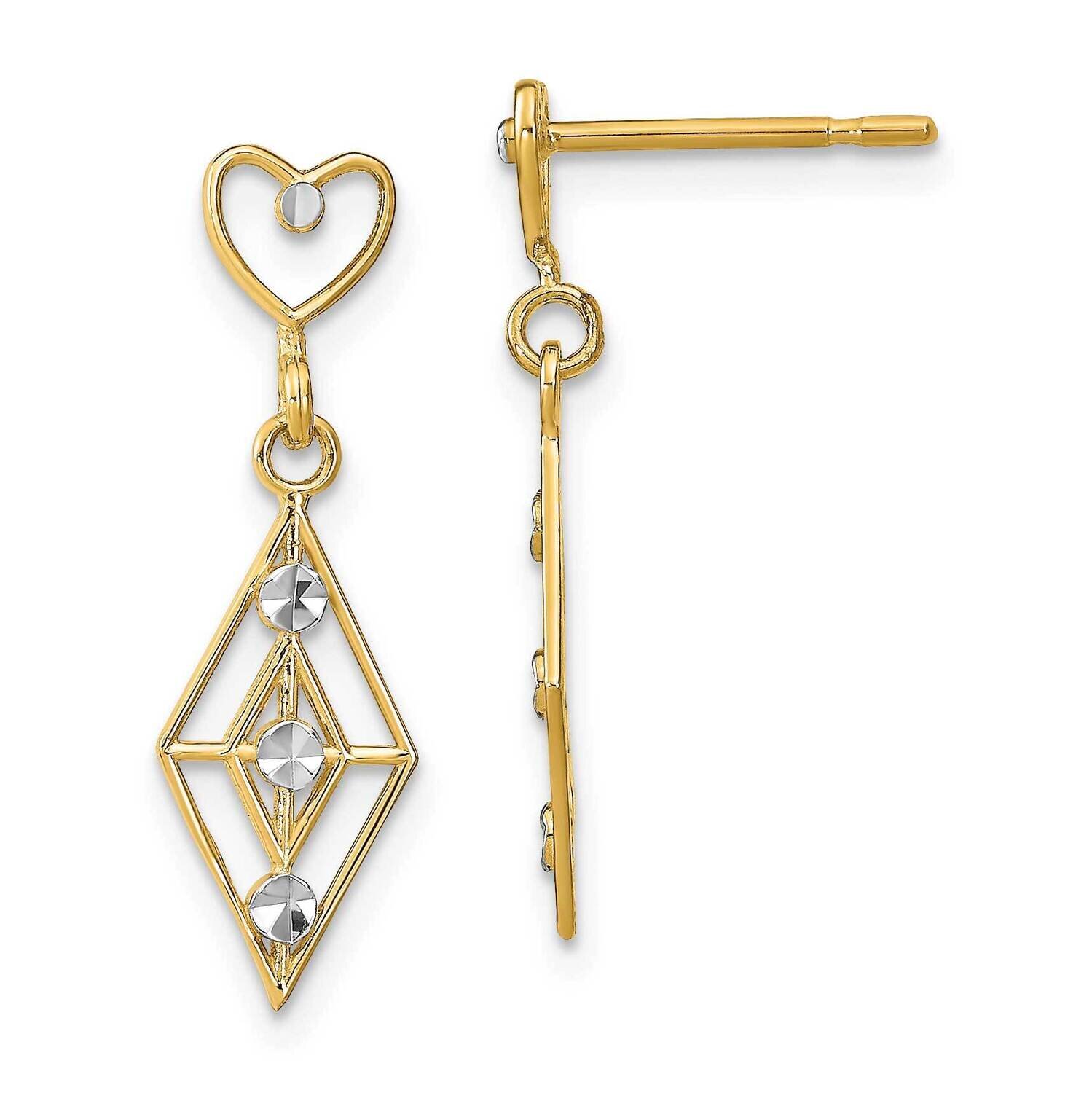 Diamond Shape Heart Dangle Earrings 14k Gold Rhodium Diamond-cut TE930, MPN: TE930, 637218111589