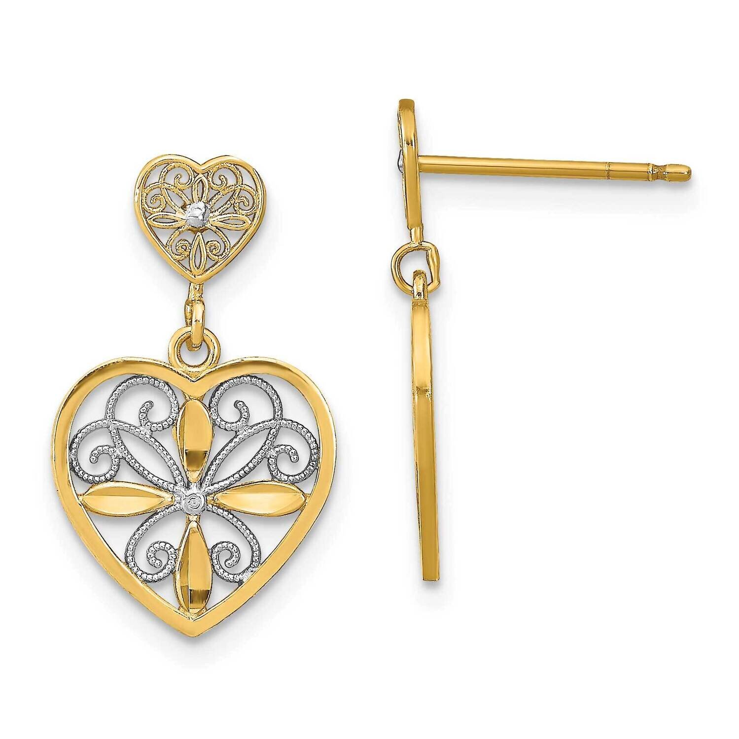 Flower Heart Beaded Filigree Dangle Earrings 14k Gold Rhodium TE935