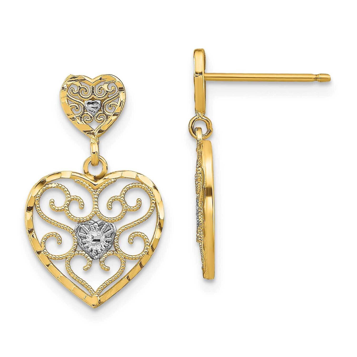 Heart Beaded Filigree Dangle Earrings 14k Gold Rhodium TE936