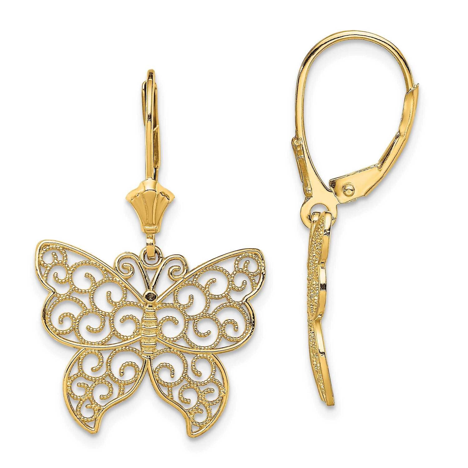 Butterfly with Beaded Filigree Wings Leverback Earrings 14k Gold TF1787