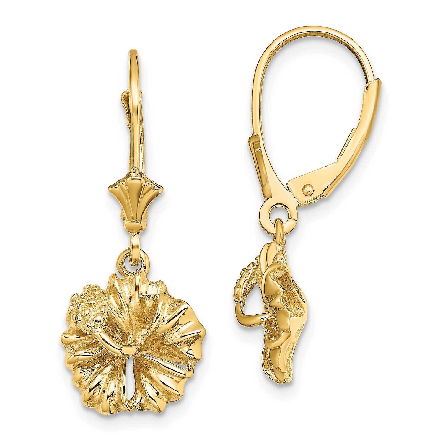 Textured Hibiscus Flower Leverback Earrings 14k Gold 2-D TF1793