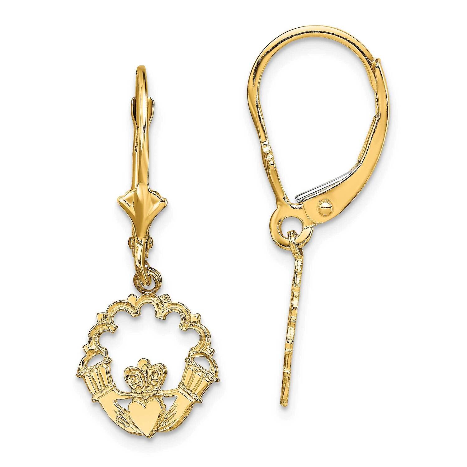 Claddagh In Circle with Lace Trim Leverback Earrings 14k Gold TF1796