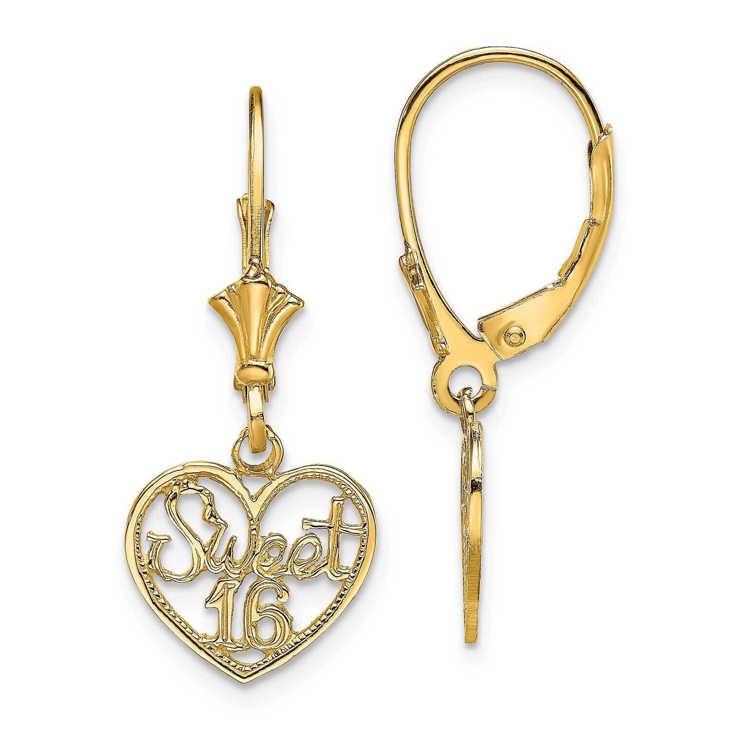 Sweet 16 In Heart Dangle Leverback Earrings 14k Gold Polished TF1805, MPN: TF1805, 637218177165