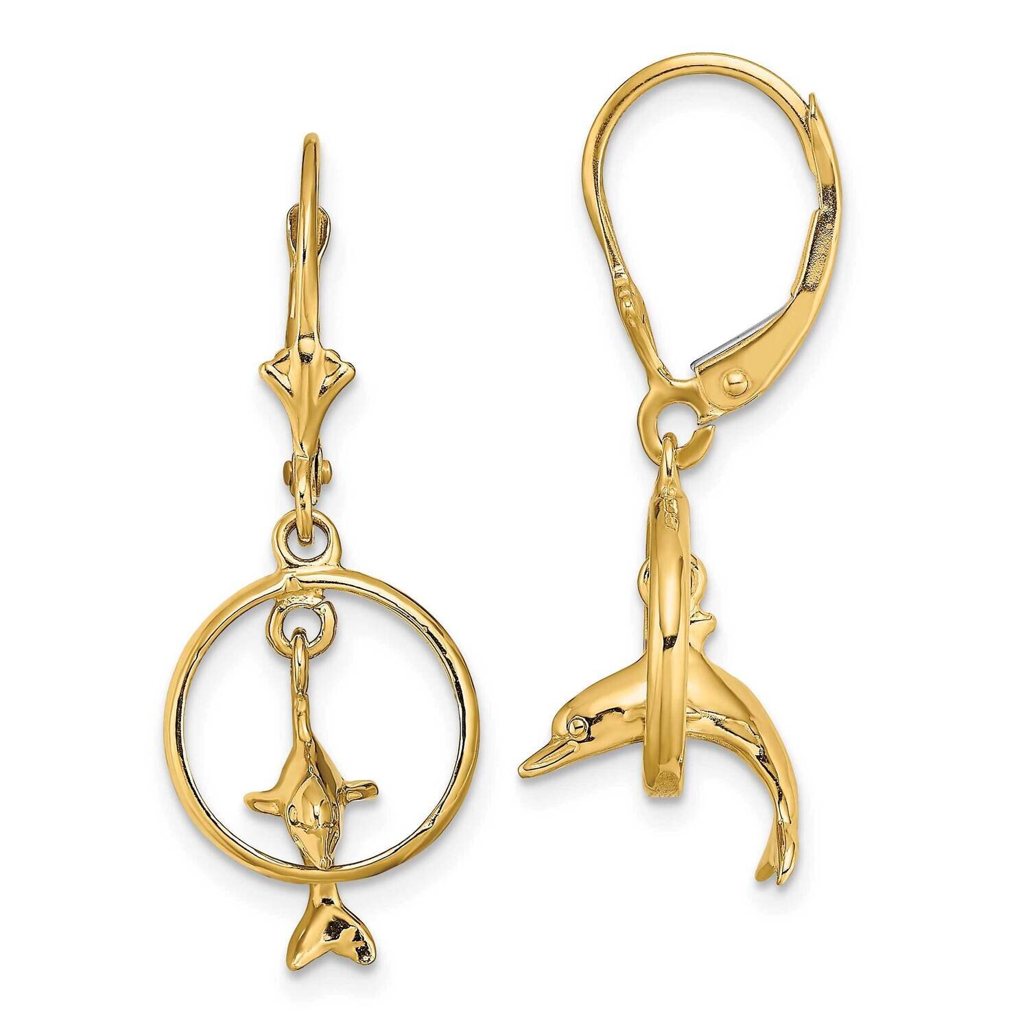 Dolphin Jumping Through Hoop Leverback Earrings 14k Gold 3-D TF1827, MPN: TF1827, 637218177394