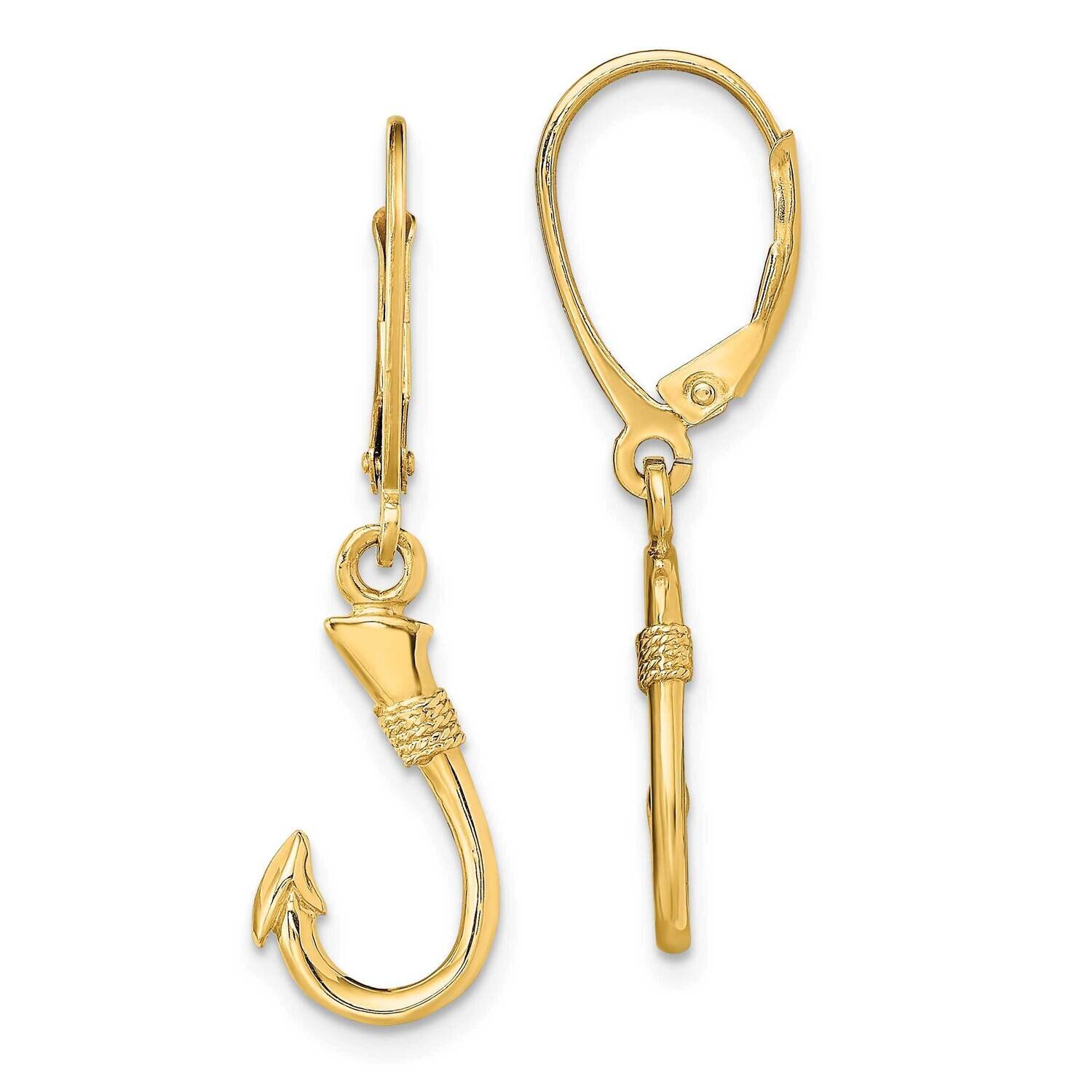 Fish Hook Leverback Earrings 14k Gold 3-D TF1836
