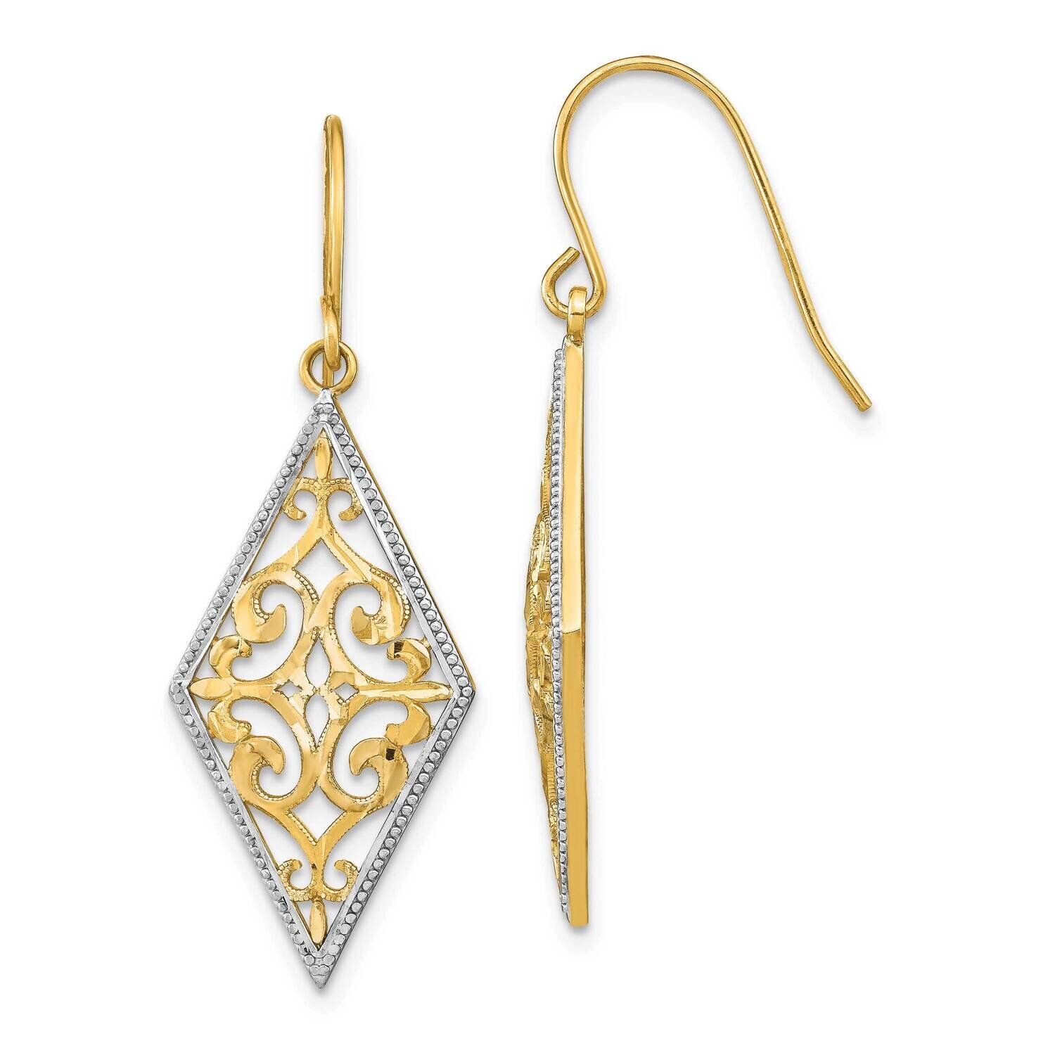 Diamond Shape Filigree Wire Dangle Earrings 14k Gold Rhodium TF1861