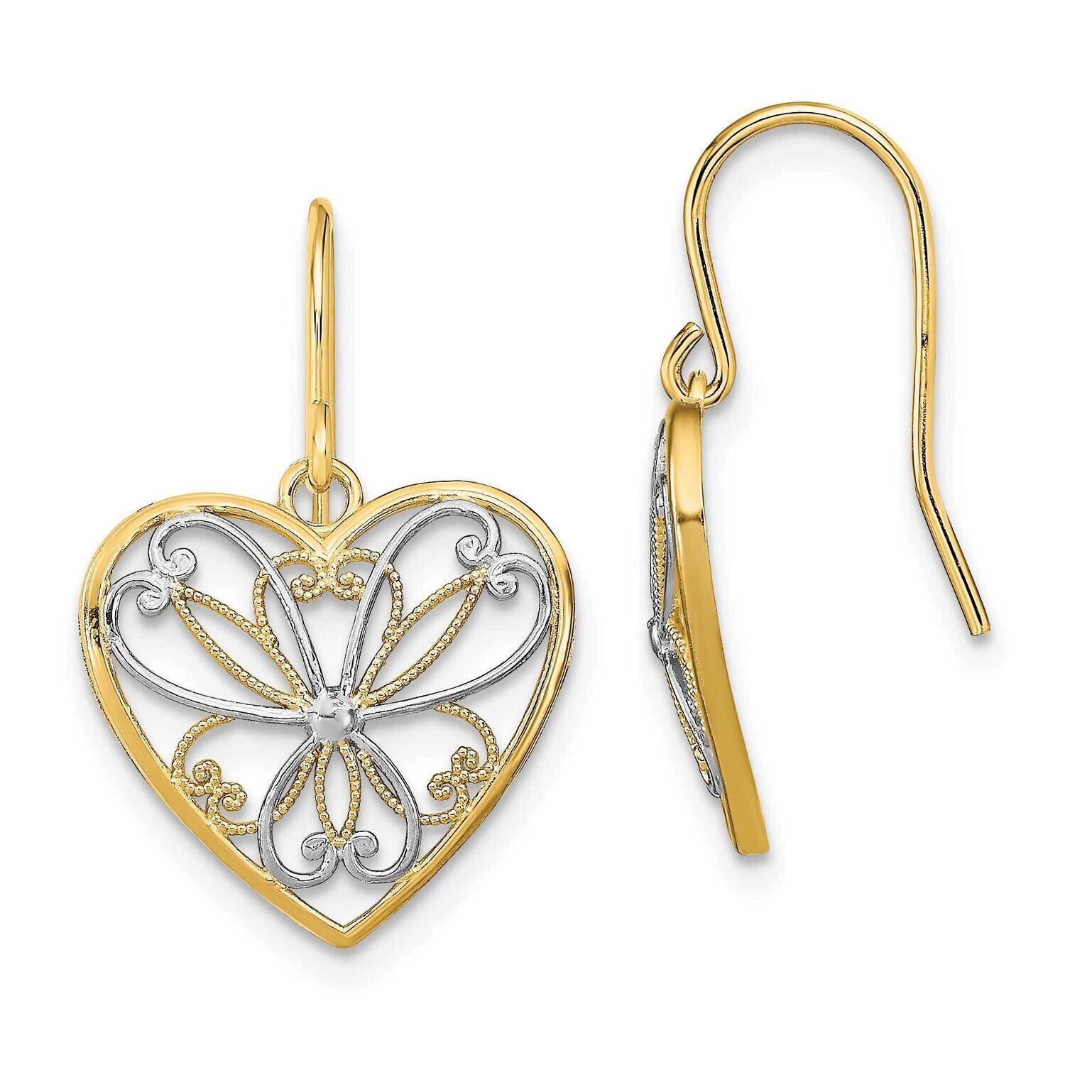 Filigree Heart Shepherd Hook Earrings 14k Gold &amp; White Rhodium Polished TF1879, MPN: TF1879, 637218…