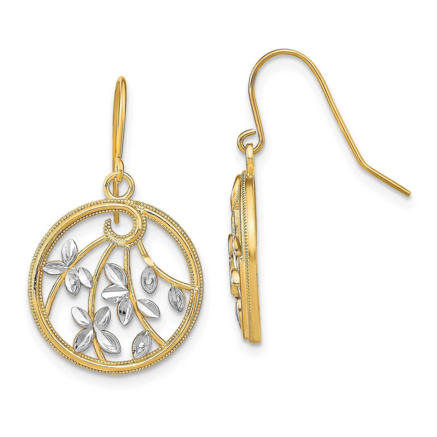 Leaves Round Frame Dangle Earrings 14k Gold Rhodium TF1880, MPN: TF1880, 637218161805