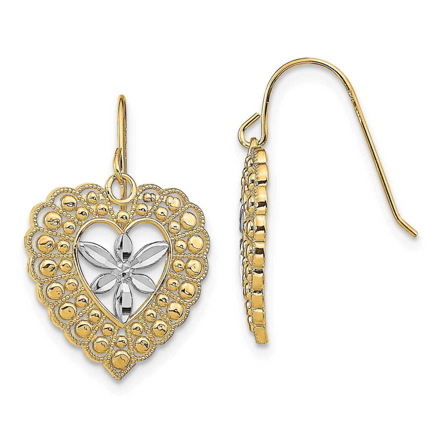 Flower Center Beaded Heart Wire Earrings 14k Gold Rhodium TF1884