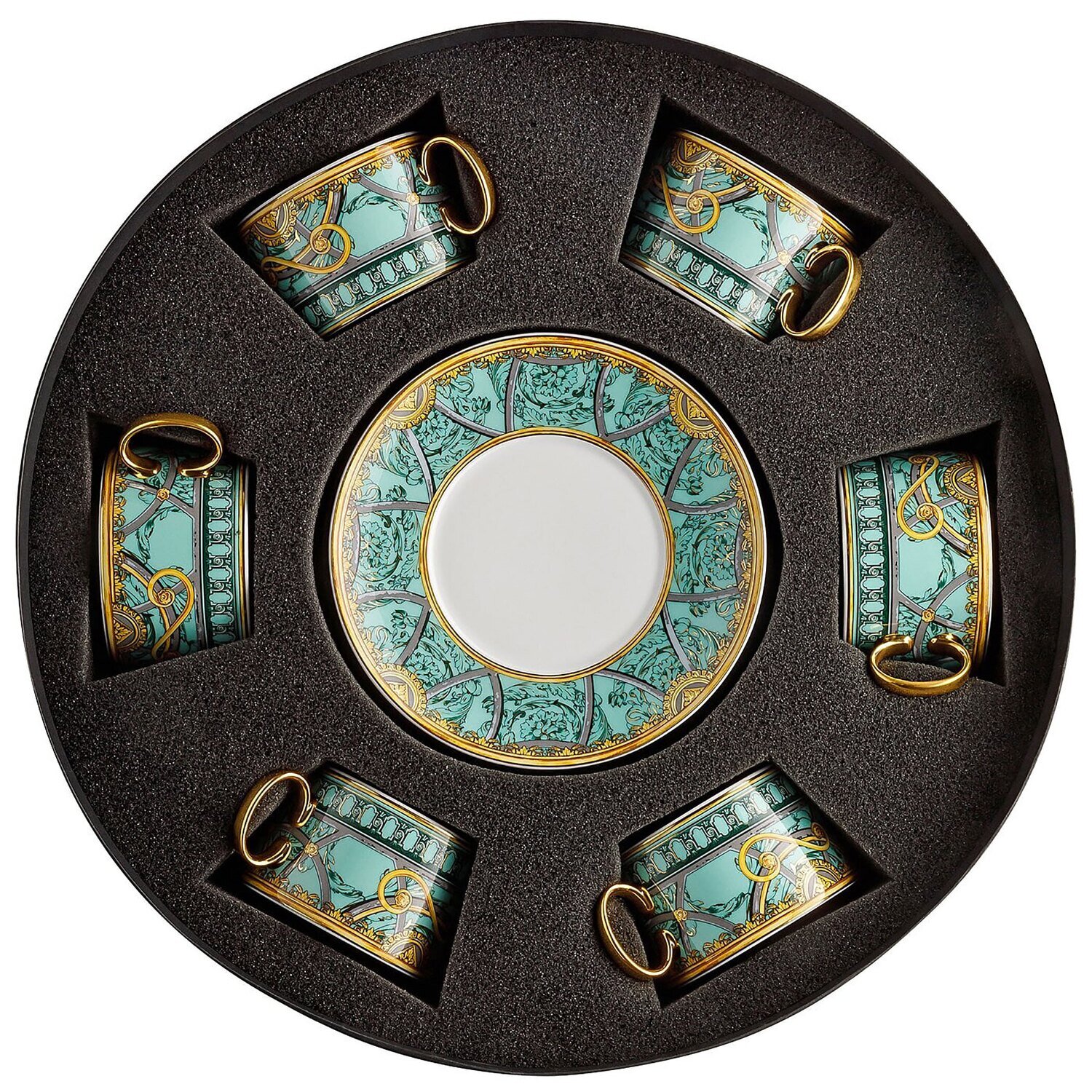 Versace La Scala del Palazzo Verde Tea Cup &amp; Saucer Set Six Round Hat Box, MPN: 19335-403664-29253,…