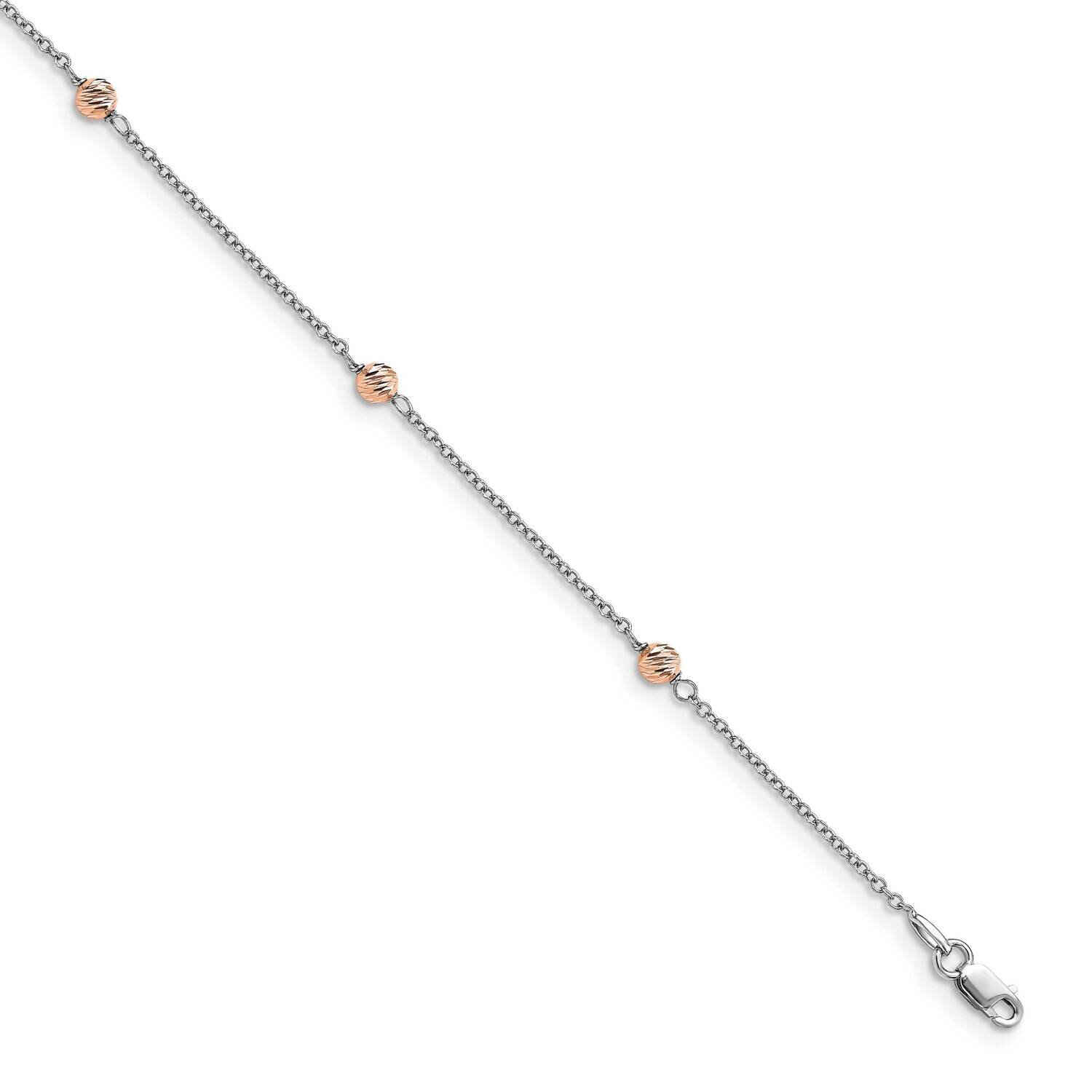White and Rose Gold Polished Beaded 1in Extender Anklet 14k Gold Diamond-cut HB-LF1445-9.5