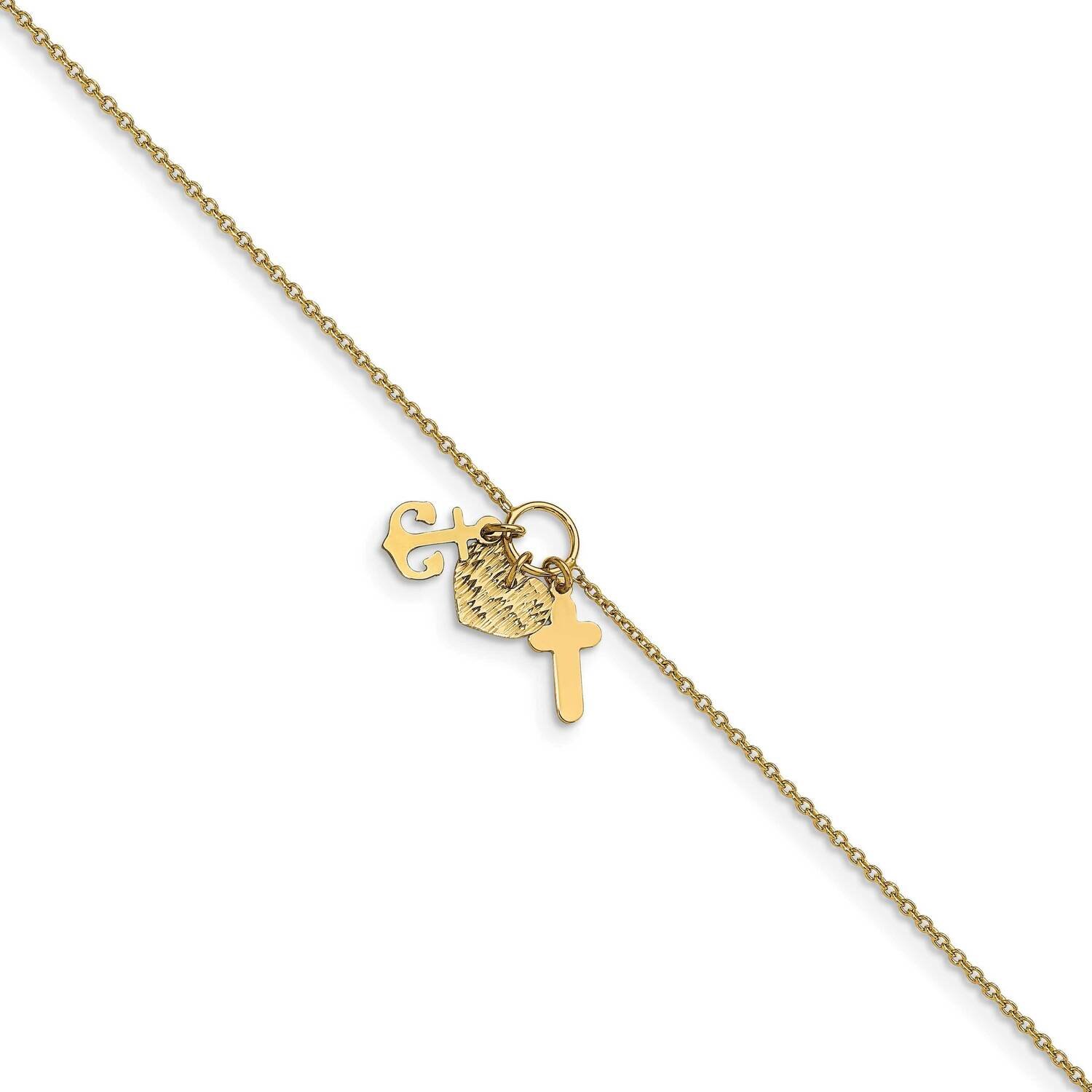 Cross Heart Anchor 1in Extender Anklet 14k Gold Polished Diamond-cut HB-LF1478-9