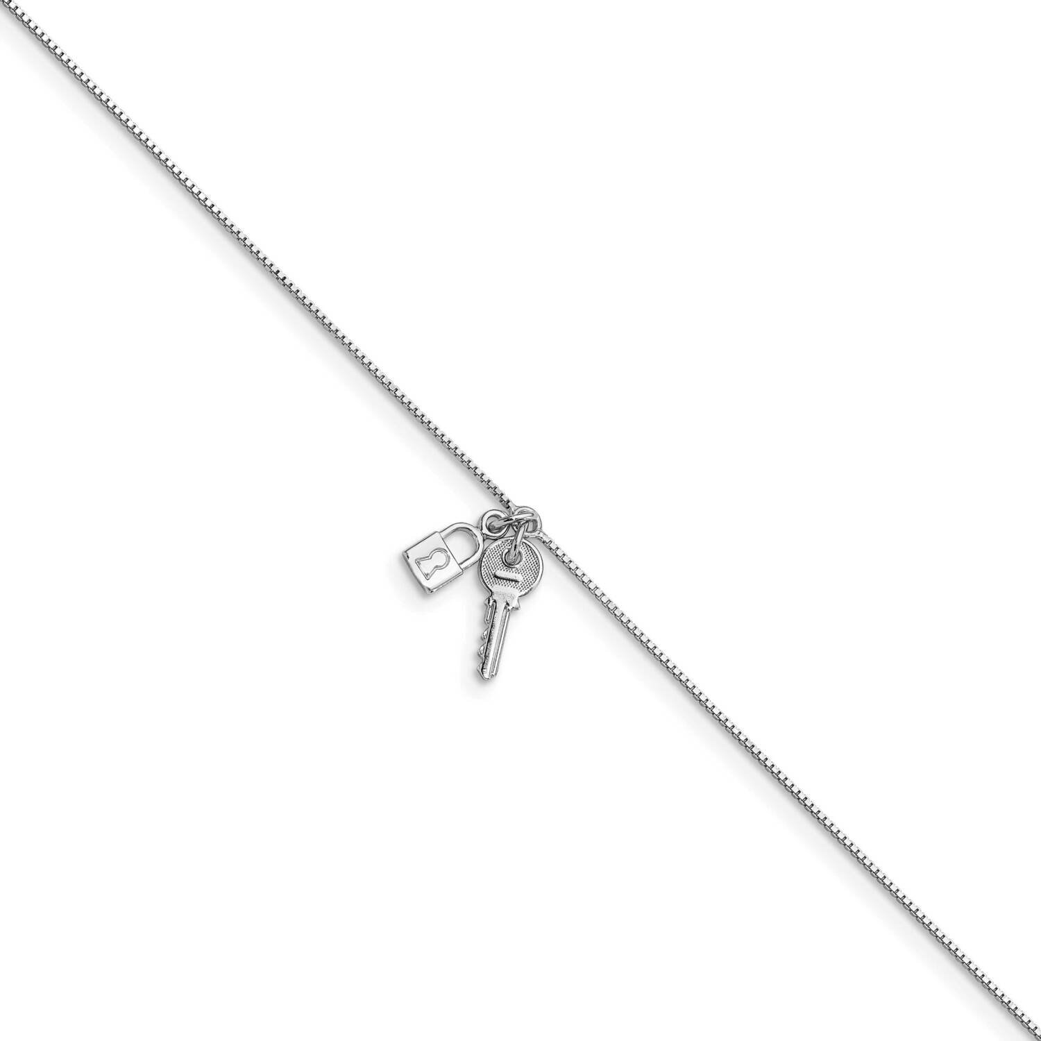 Polished Lock and Key 1in Extender Anklet Sterling Silver Rhodium-plated HB-QLF1185-9