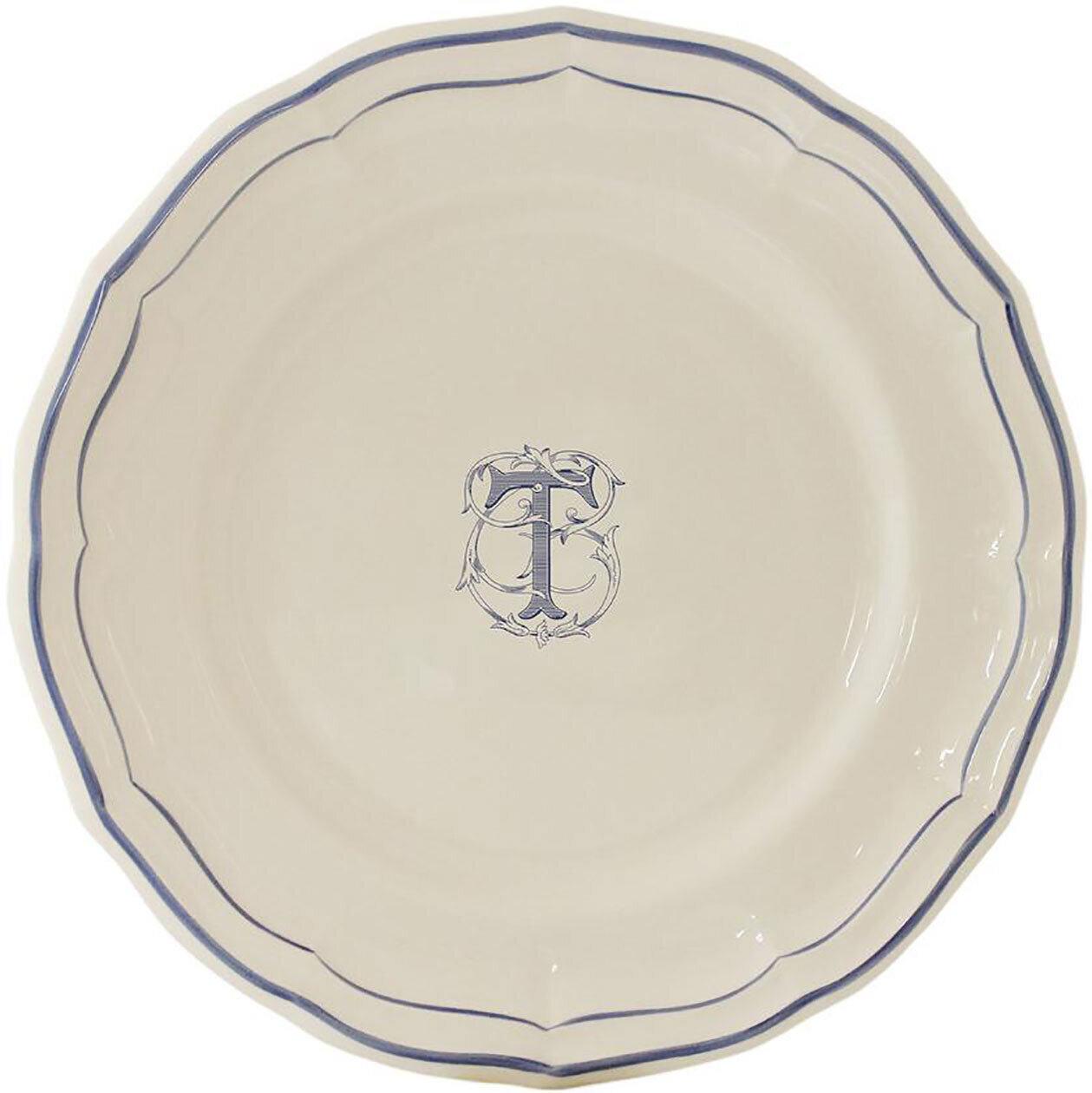 Gien Monogram Filet Bleu Dinner Plate Letter T 1710AEXT22, MPN: 1710AEXT22, 840769019390