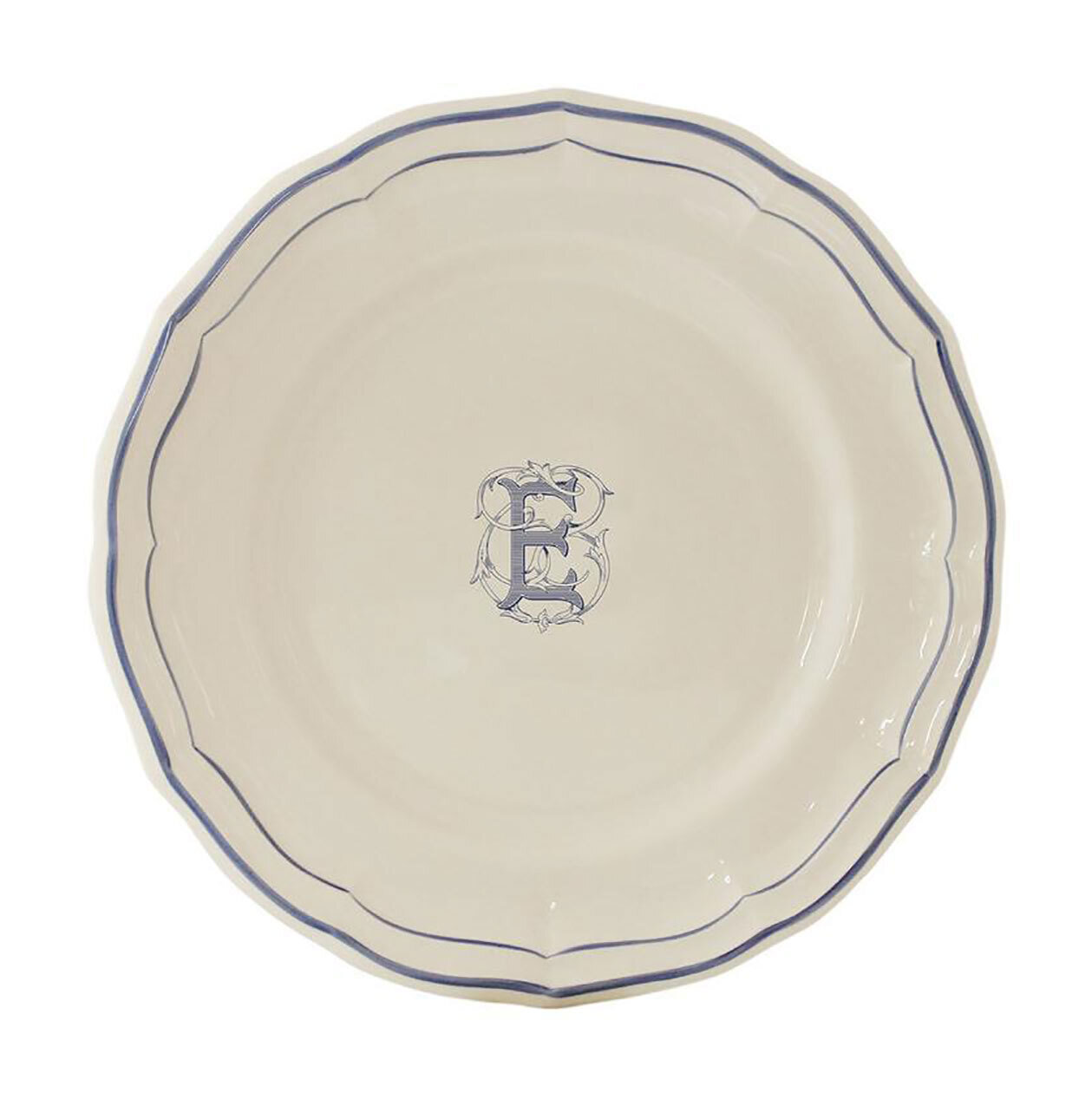 Gien Monogram Filet Bleu Dessert Plate Letter E 1710ADEE22, MPN: 1710ADEE22, 840769019505