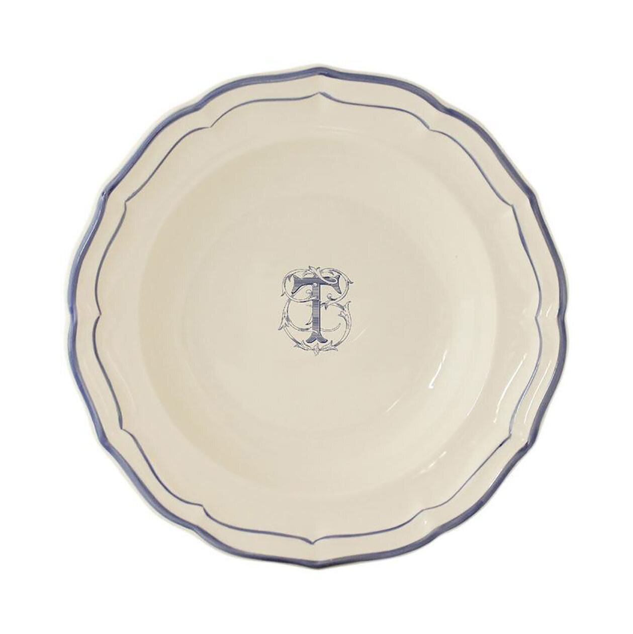 Gien Monogram Filet Bleu Rim Soup Letter T 1710ACRT22