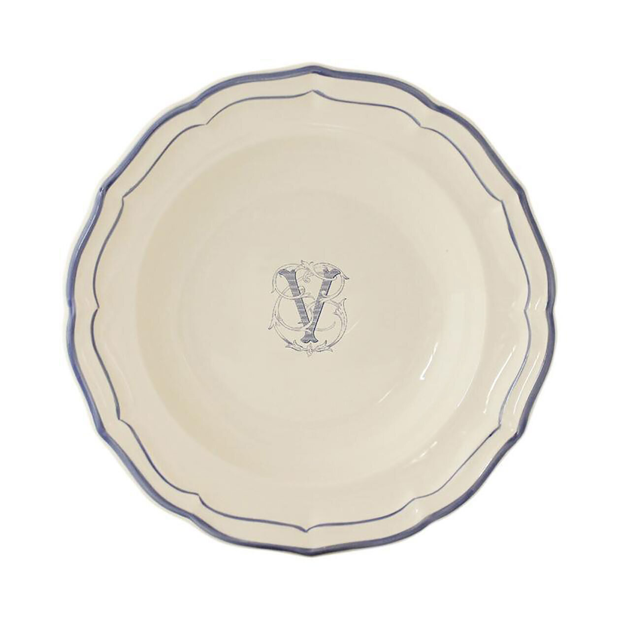 Gien Monogram Filet Bleu Rim Soup Letter V 1710ACRV22, MPN: 1710ACRV22, 840769019932