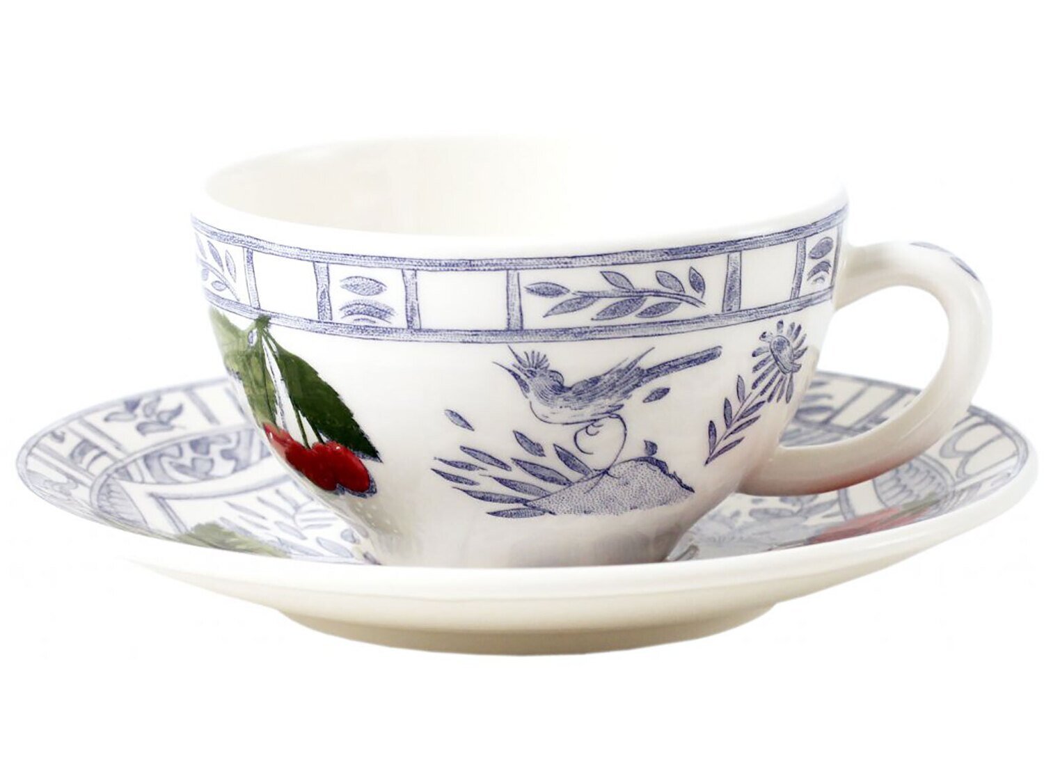 Gien Oiseau Blue Fruits Breakfast Cups &amp; Saucers 12922PTA01, MPN: 12922PTA01, 840769099521