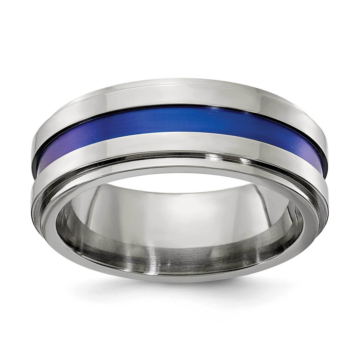 Edward Mirell Gray Titanium 8mm Blue Anodized Flat Grooved Engravable Band EMR103-8MM