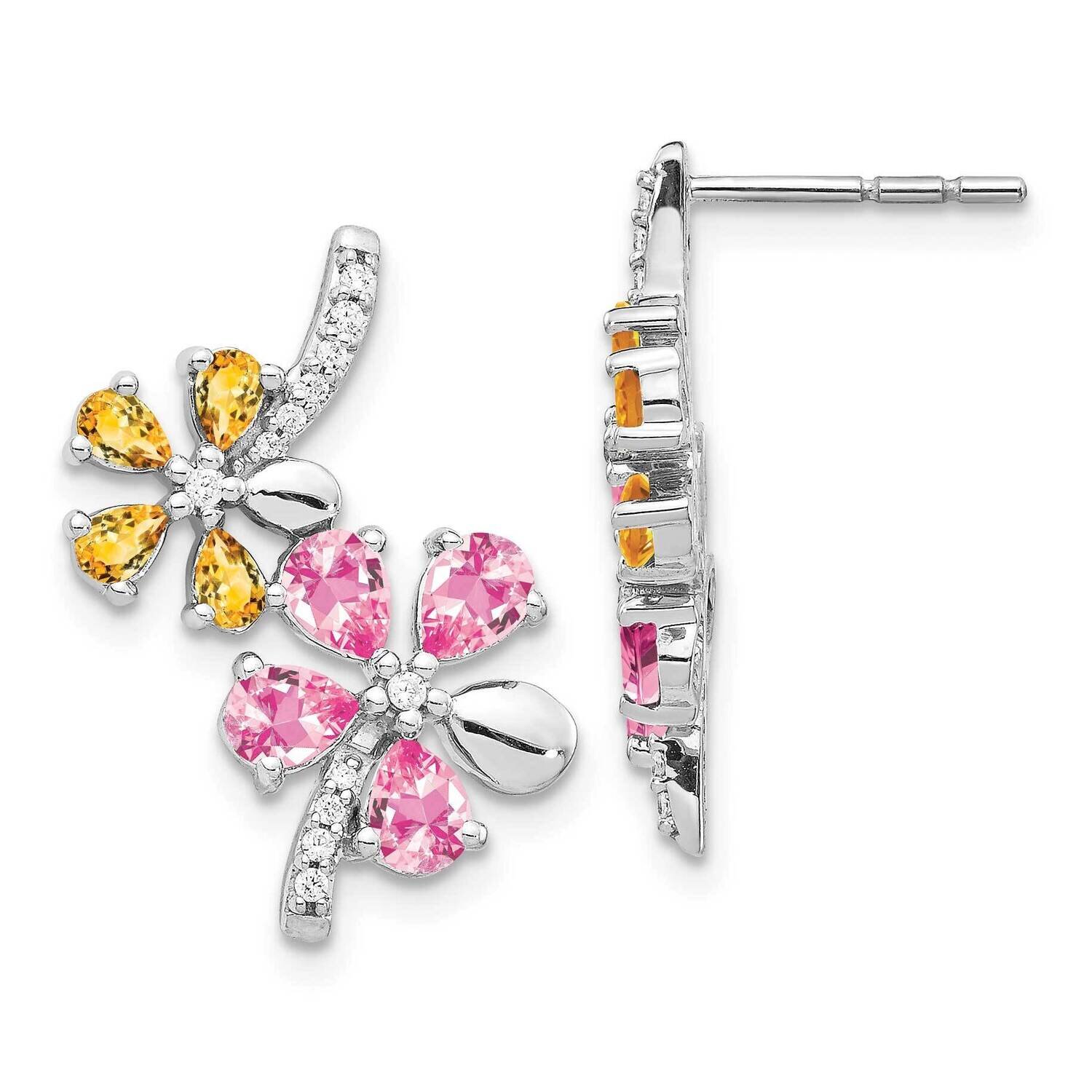 Citrine Pink Tourmaline Flower Earrings 14k White Gold Diamond EM4380-012-WA