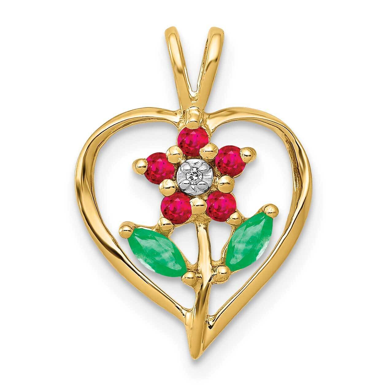 Siam Ruby & Emerald & Diamond Flower in Heart Pendant 14k Gold PM5274-RU-001-YA