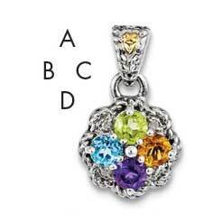 Four-stone and Diamond Mother's Pendant Sterling Silver & 14k Gold QMPD38/4SY