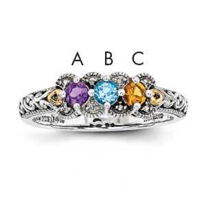 Three-stone and Diamond Mother&#39;s Ring Sterling Silver &amp; 14k Gold QMR38/3SY-5