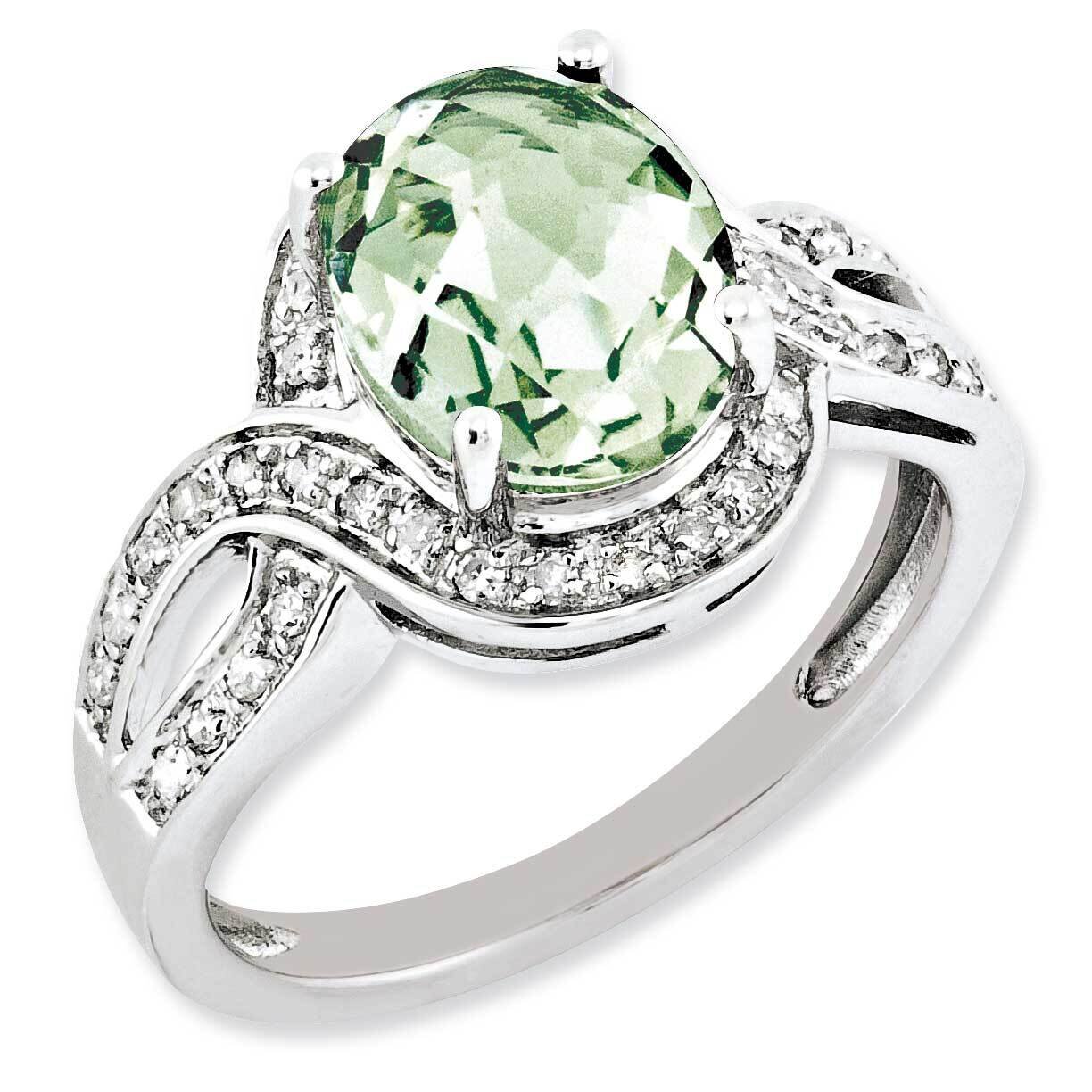 Diamond & Oval Checker-Cut Green Quartz Ring Sterling Silver Rhodium-plated QR3036AG-7