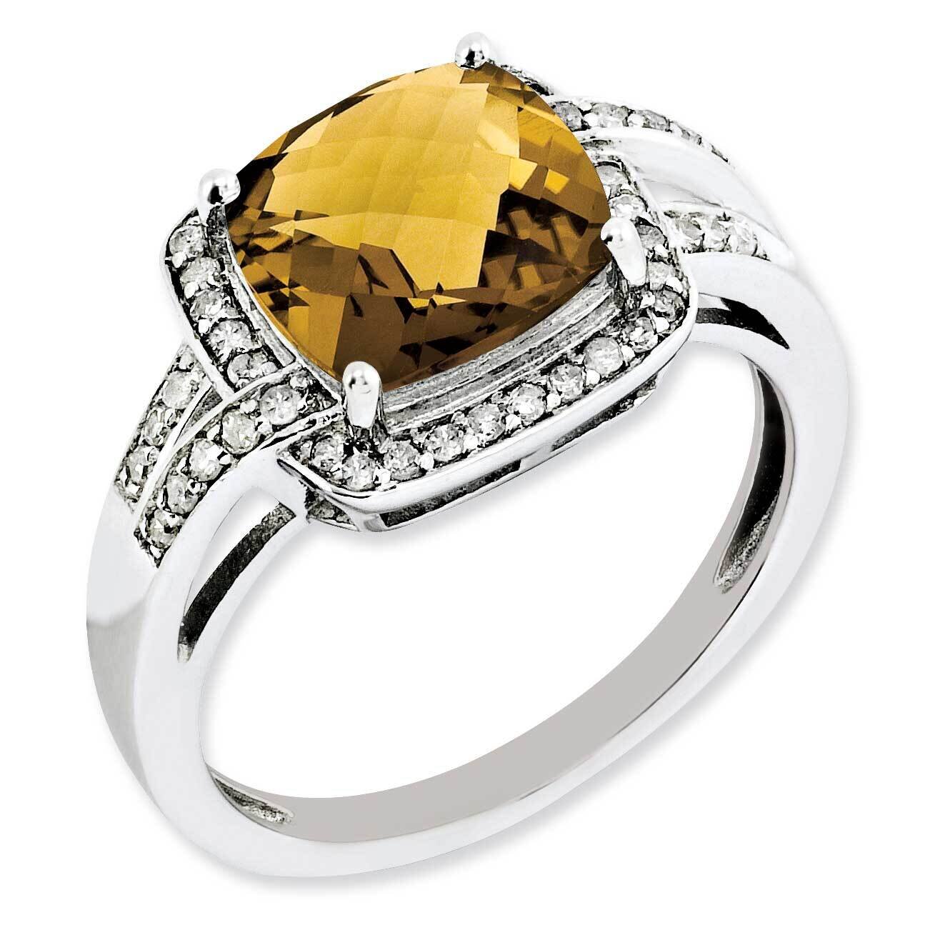 Diamond &amp; Checker-Cut Whiskey Quartz Ring Sterling Silver Rhodium-plated QR3037WQ-7, MPN: QR3037WQ-…