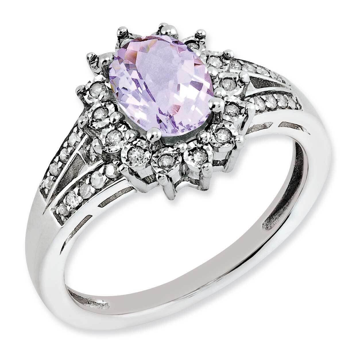 Diamond &amp; Oval Checker-Cut Pink Quartz Ring Sterling Silver Rhodium-plated QR3046PQ-7, MPN: QR3046P…