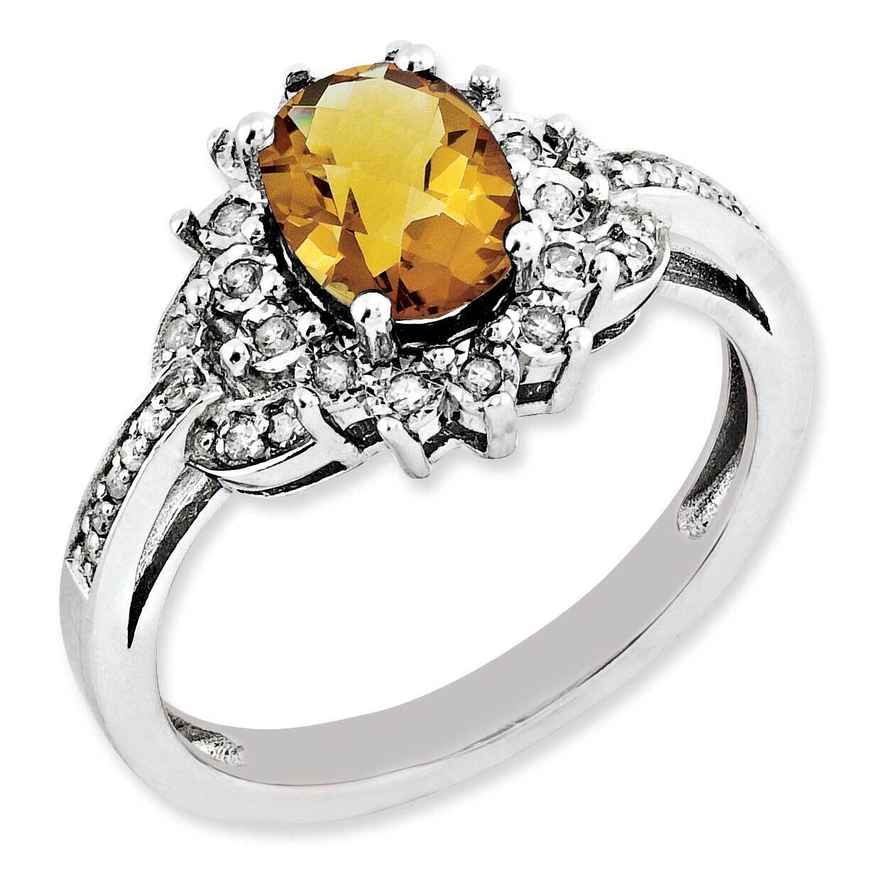 Diamond &amp; Oval Checker-Cut Whiskey Quartz Ring Sterling Silver Rhodium-plated QR3048WQ-7, MPN: QR30…