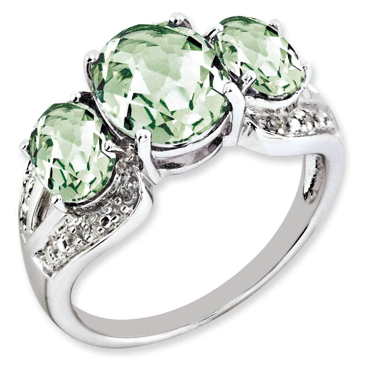 Checker-Cut Green Quartz & Diamond Ring Sterling Silver Rhodium-plated QR3184AG-5