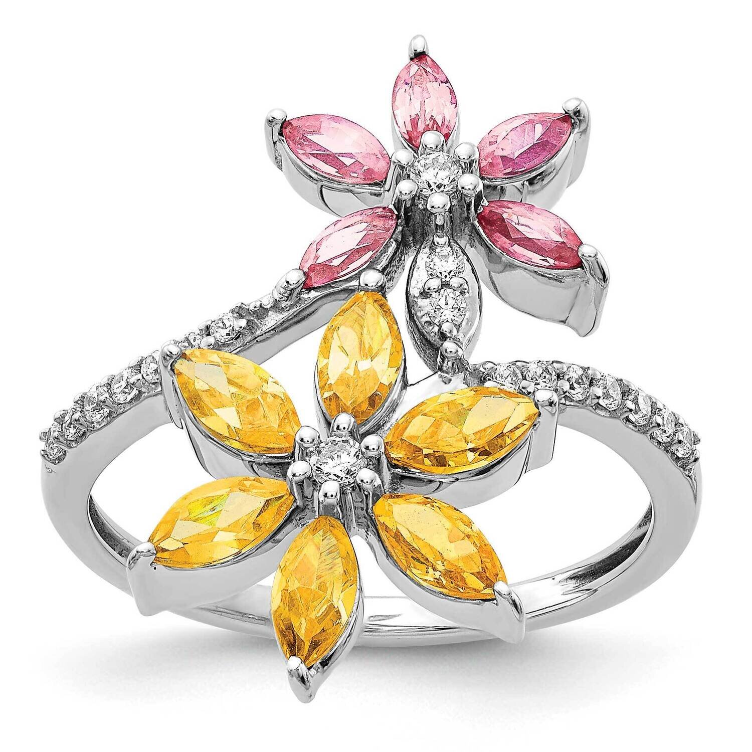 Diamond & Citrine Pink Tourmaline Flower Ring 14k White Gold RM4383-016-WA