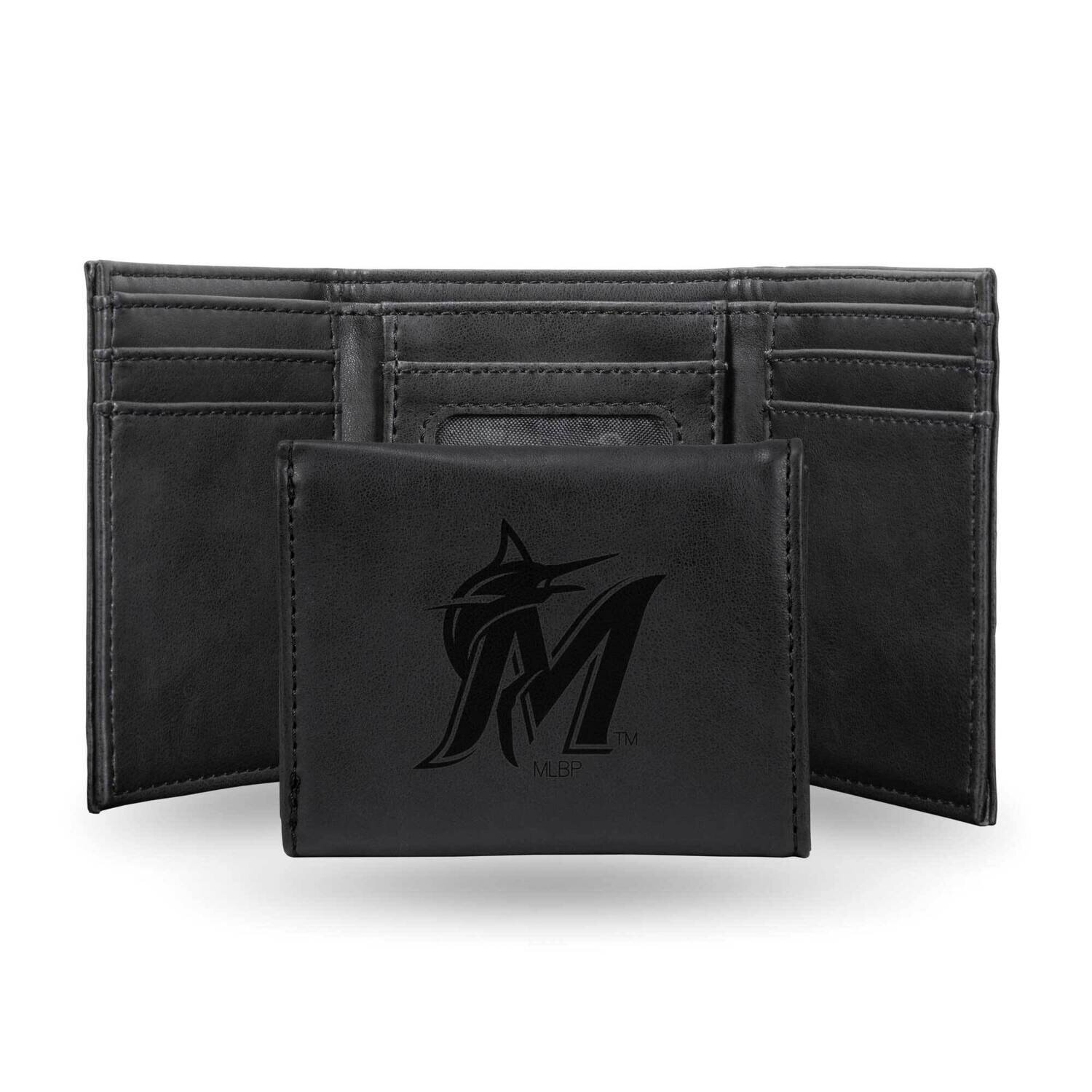 MLB Miami Marlins Black Faux Leather Trifold Wallet GC7652