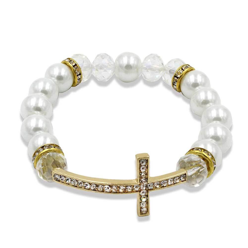 Gold-tone White Simulated Pearl Crystal Cross Bracelet GM19754, MPN: GM19754, 827225580632